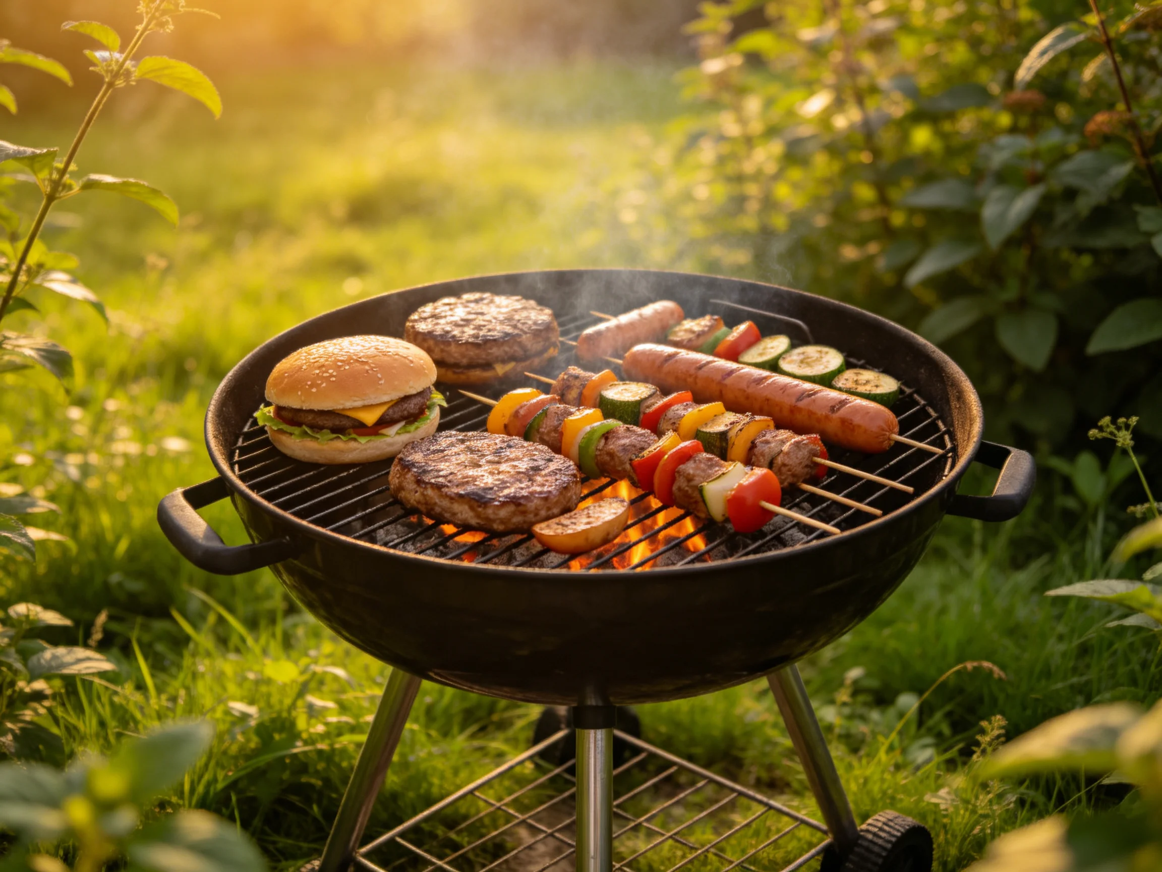 A charcoal grill loaded with burgers, skewers, and sausages in a sunny garden