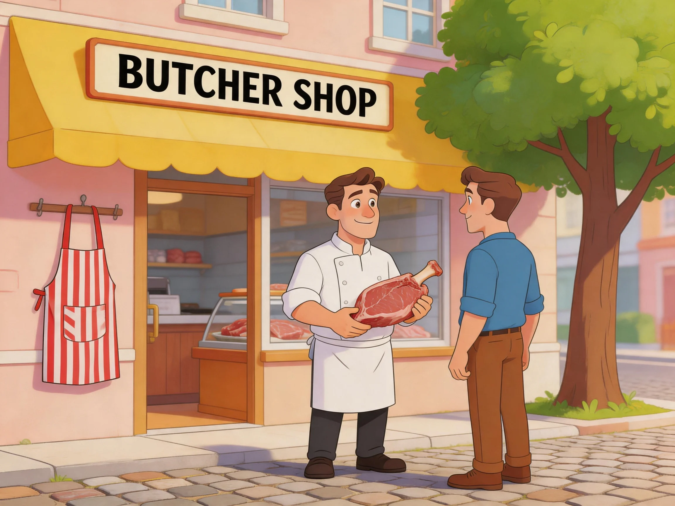 A cheerful butcher presents fresh meat outside his shop with a yellow awning