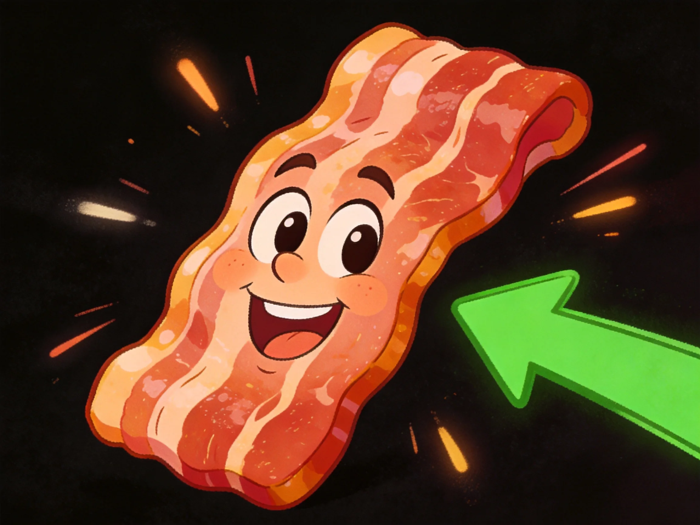 A cheerful cartoon bacon strip with a green arrow on a dark background