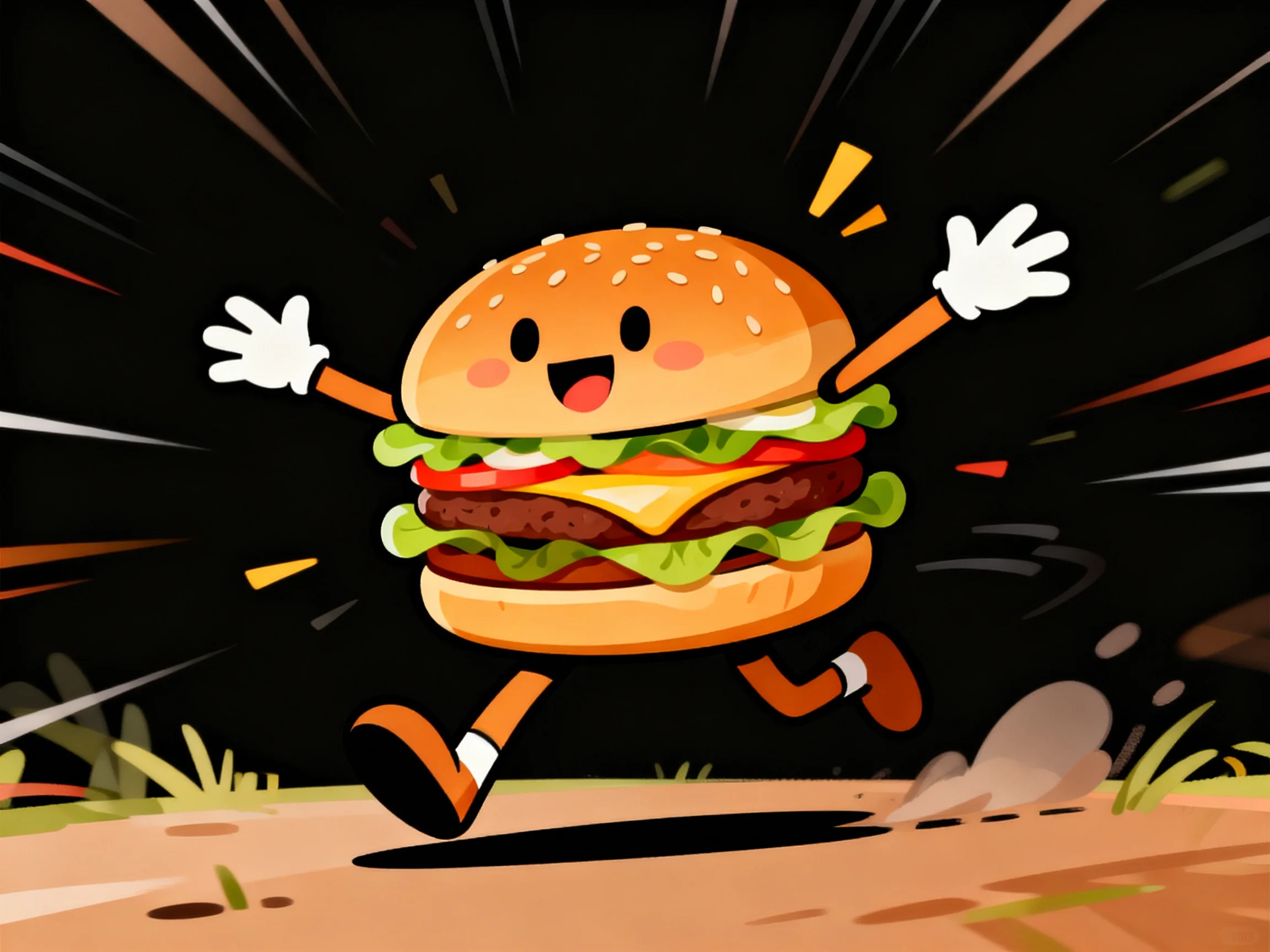 A cheerful cartoon hamburger character running joyfully