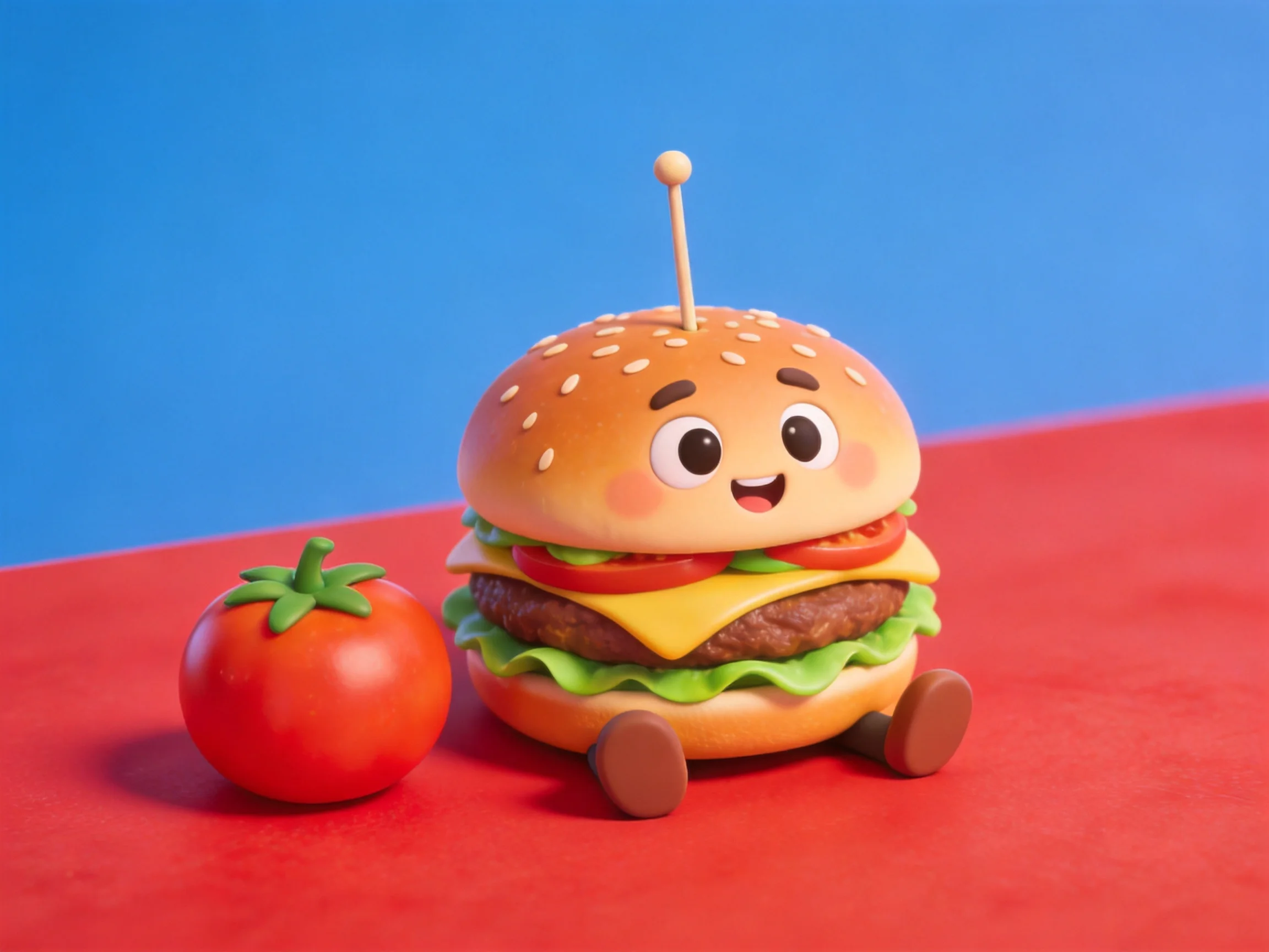 A cheerful cartoon hamburger with an antenna sits beside a red tomato