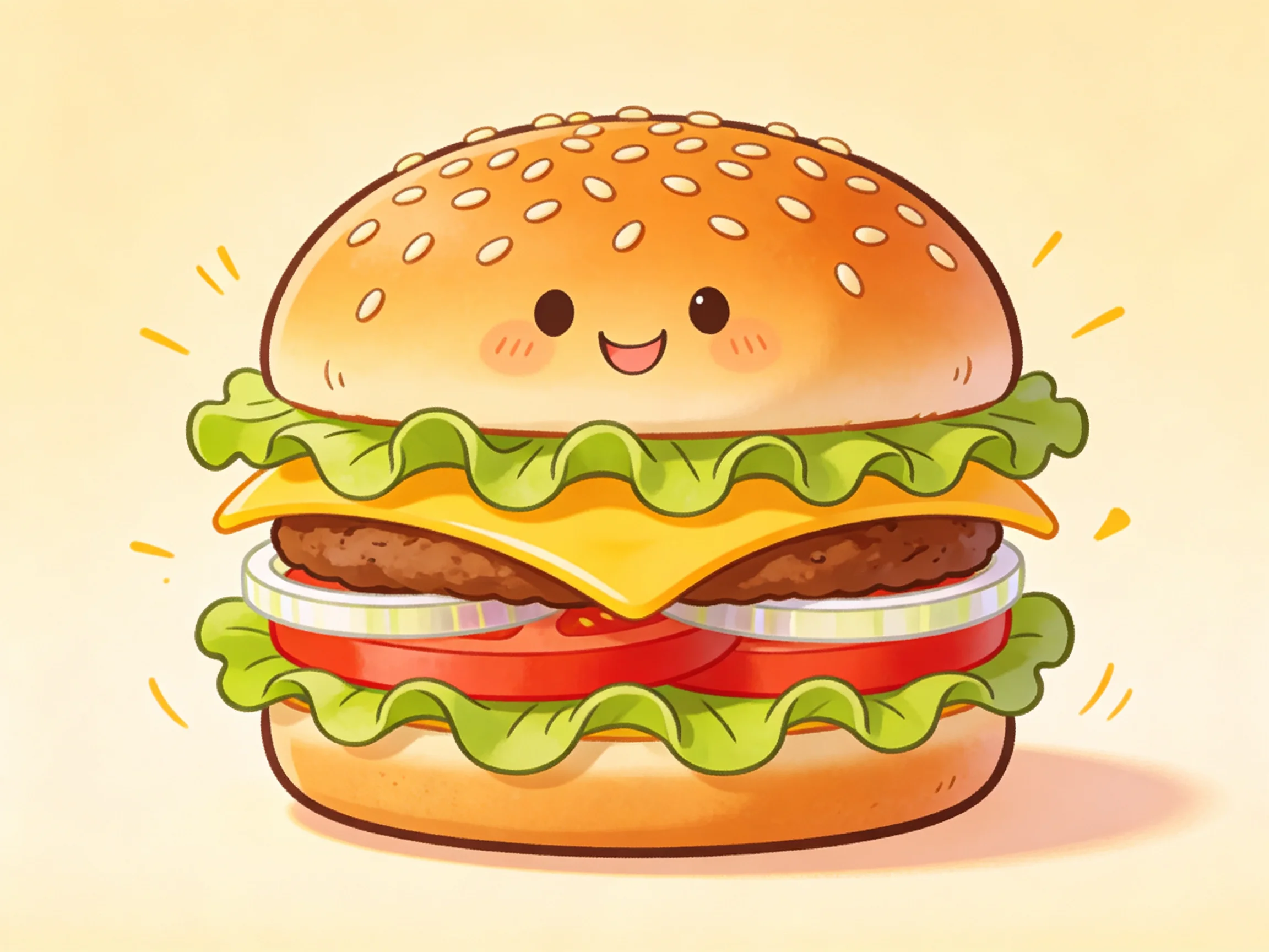 A cheerful cartoon hamburger with colorful veggie layers and sesame buns