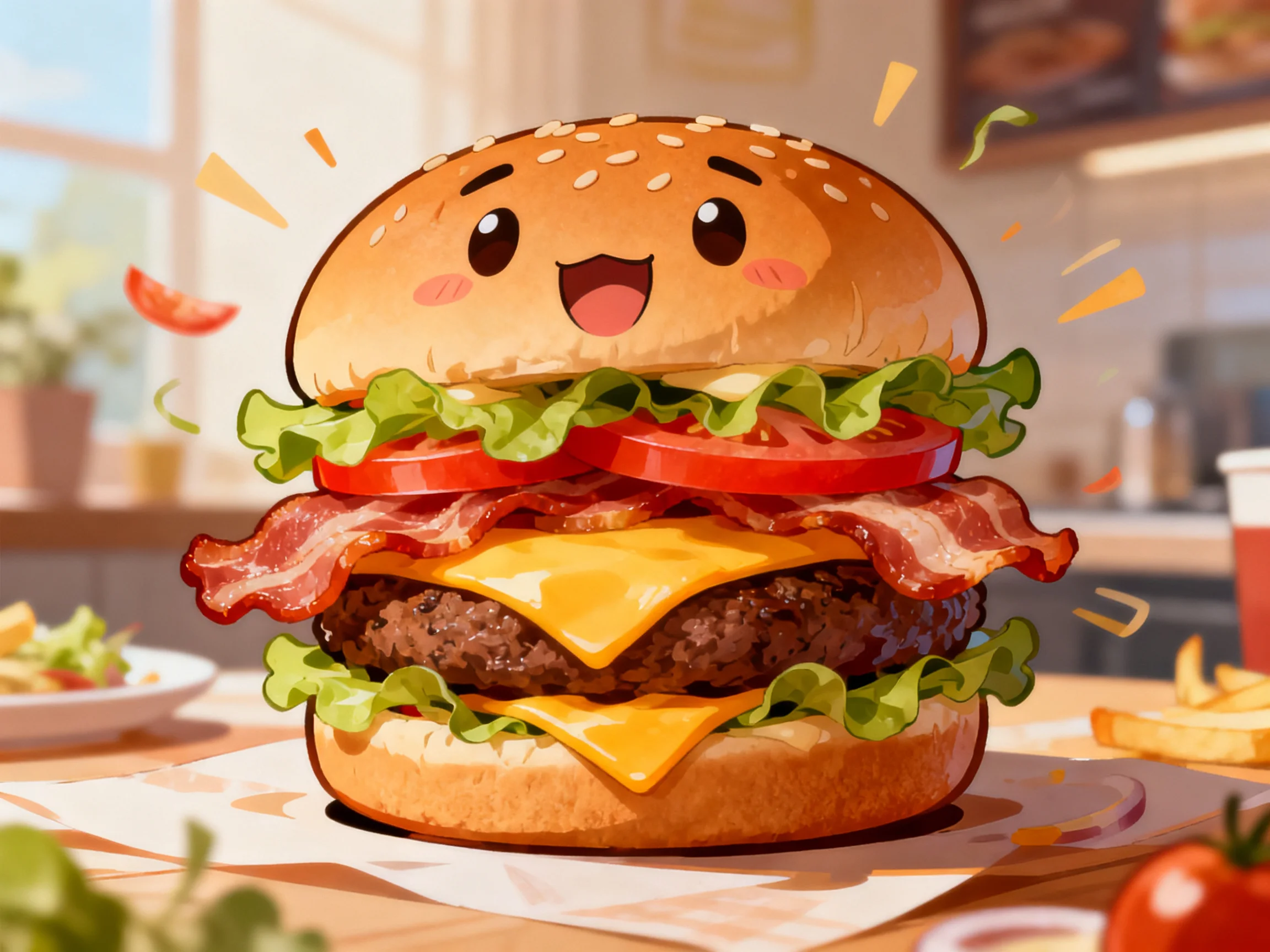 A cheerful cartoon hamburger with layered veggies, bacon, and cheese
