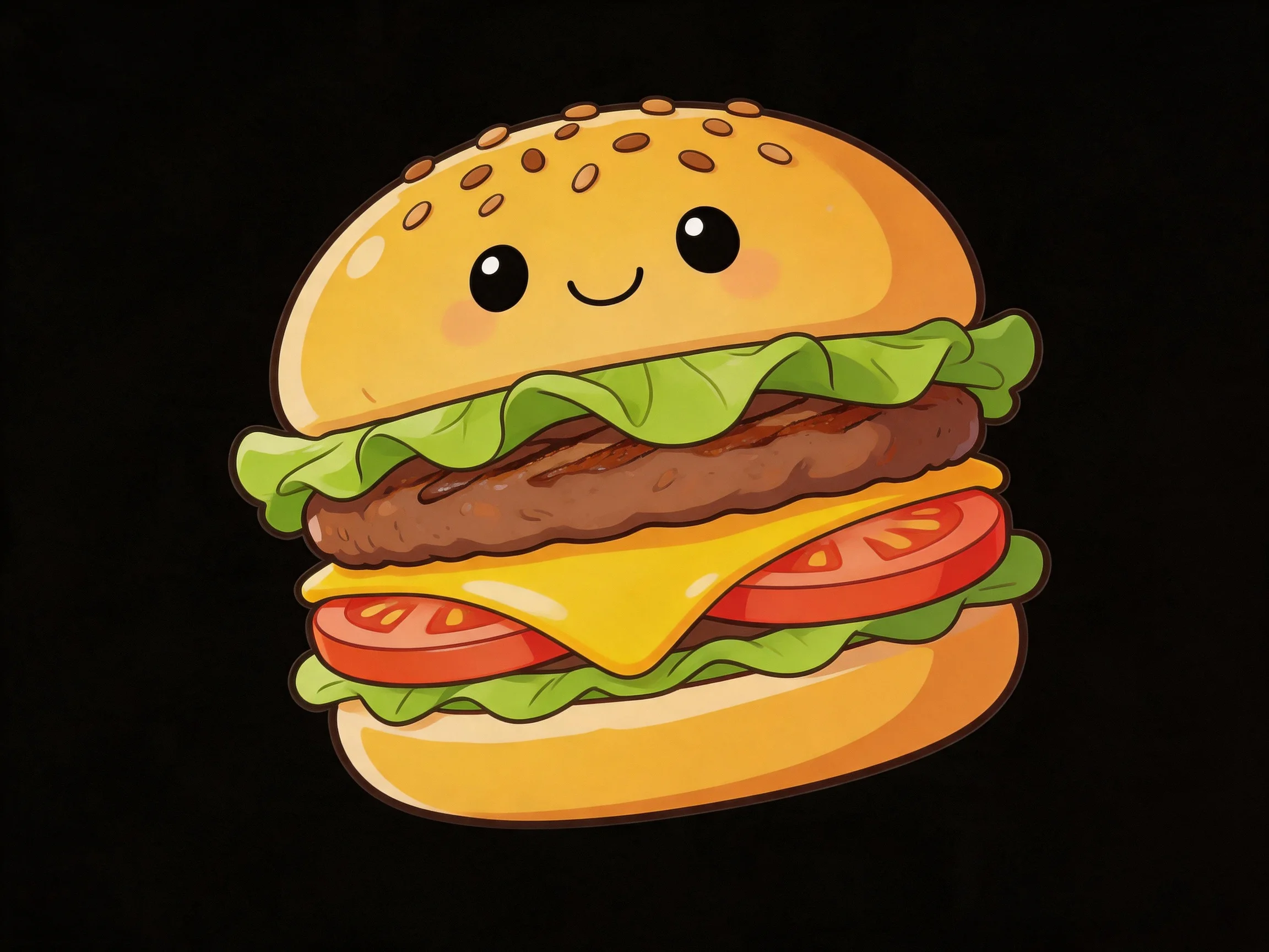 A cheerful cartoon hamburger with sesame seed bun, lettuce, beef patty, cheese, and tomato slices