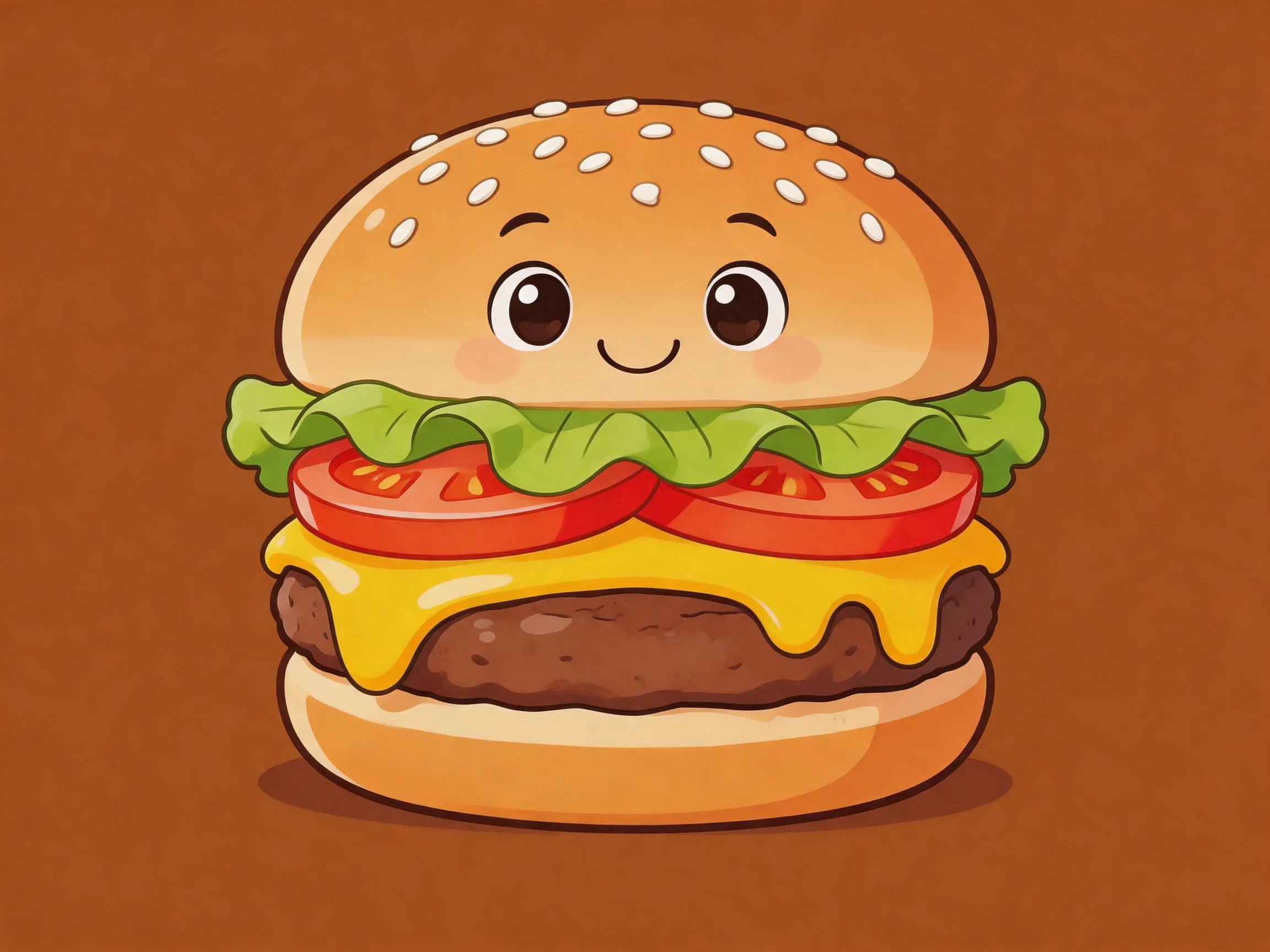 A cheerful cartoon hamburger with sesame seed bun, lettuce, tomatoes, cheese, and beef patty