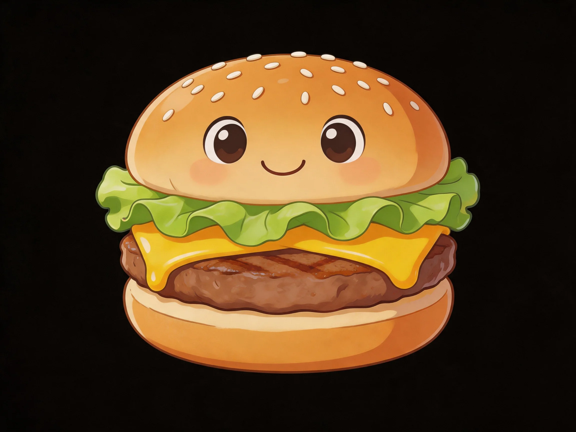 A cheerful cartoon hamburger with sesame seeds, lettuce, and melted cheese