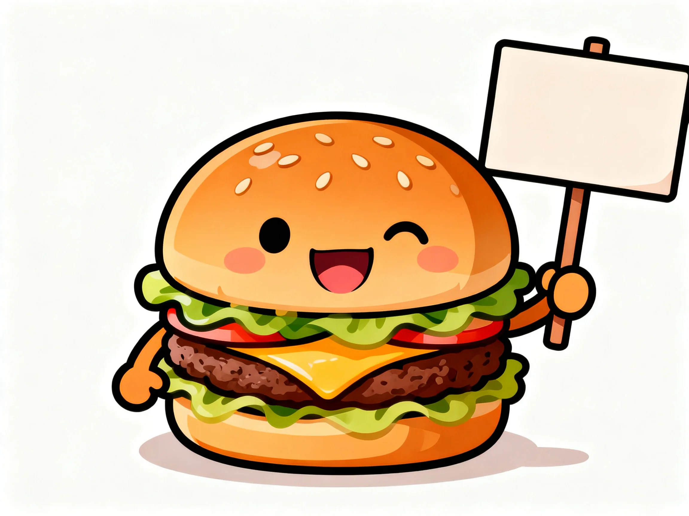 A cheerful cartoon hamburger with sesame seeds, lettuce, cheese, and tomato holds a blank sign