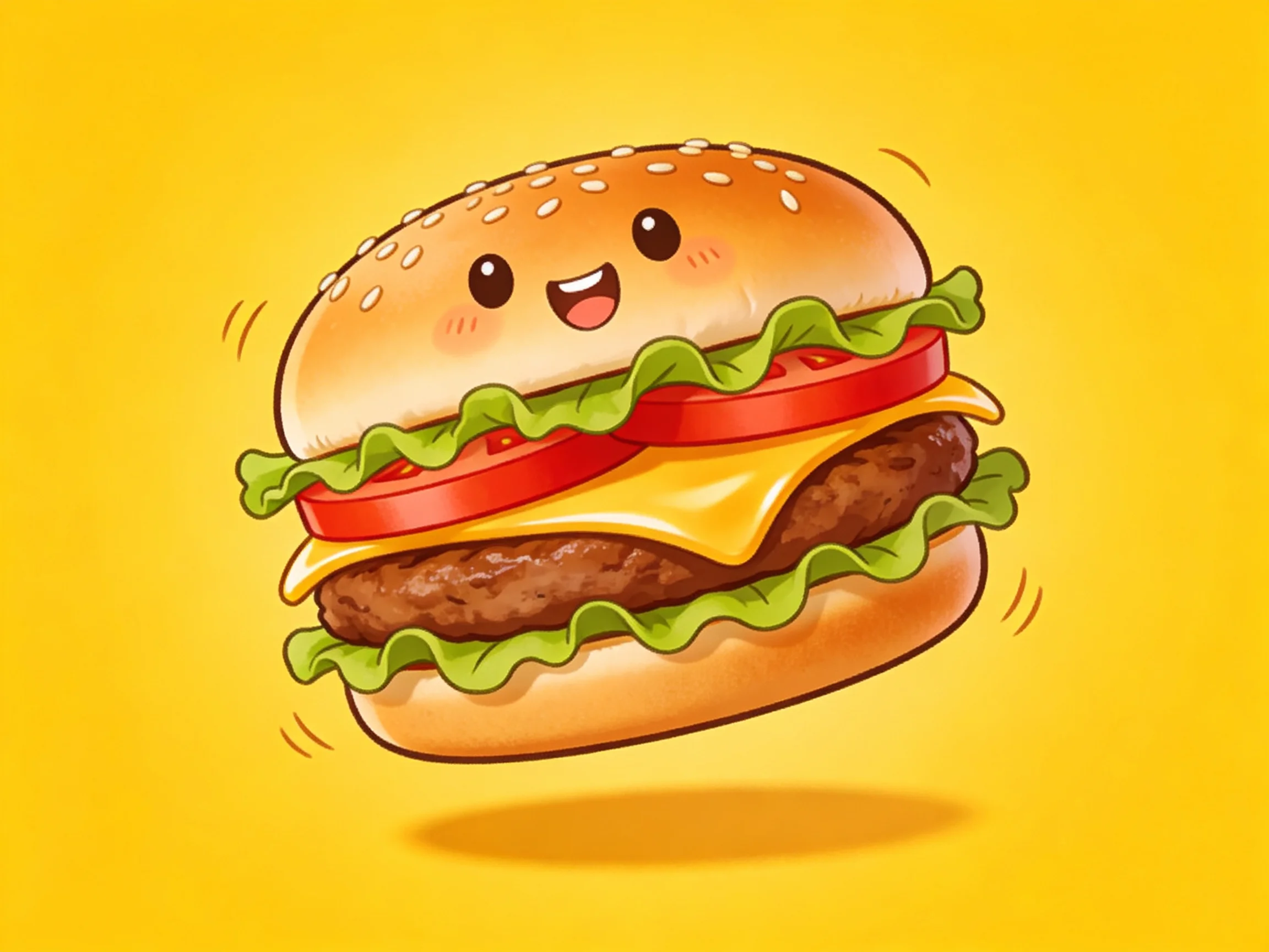 A cheerful cartoon hamburger with sesame seeds, lettuce, tomato, and cheese