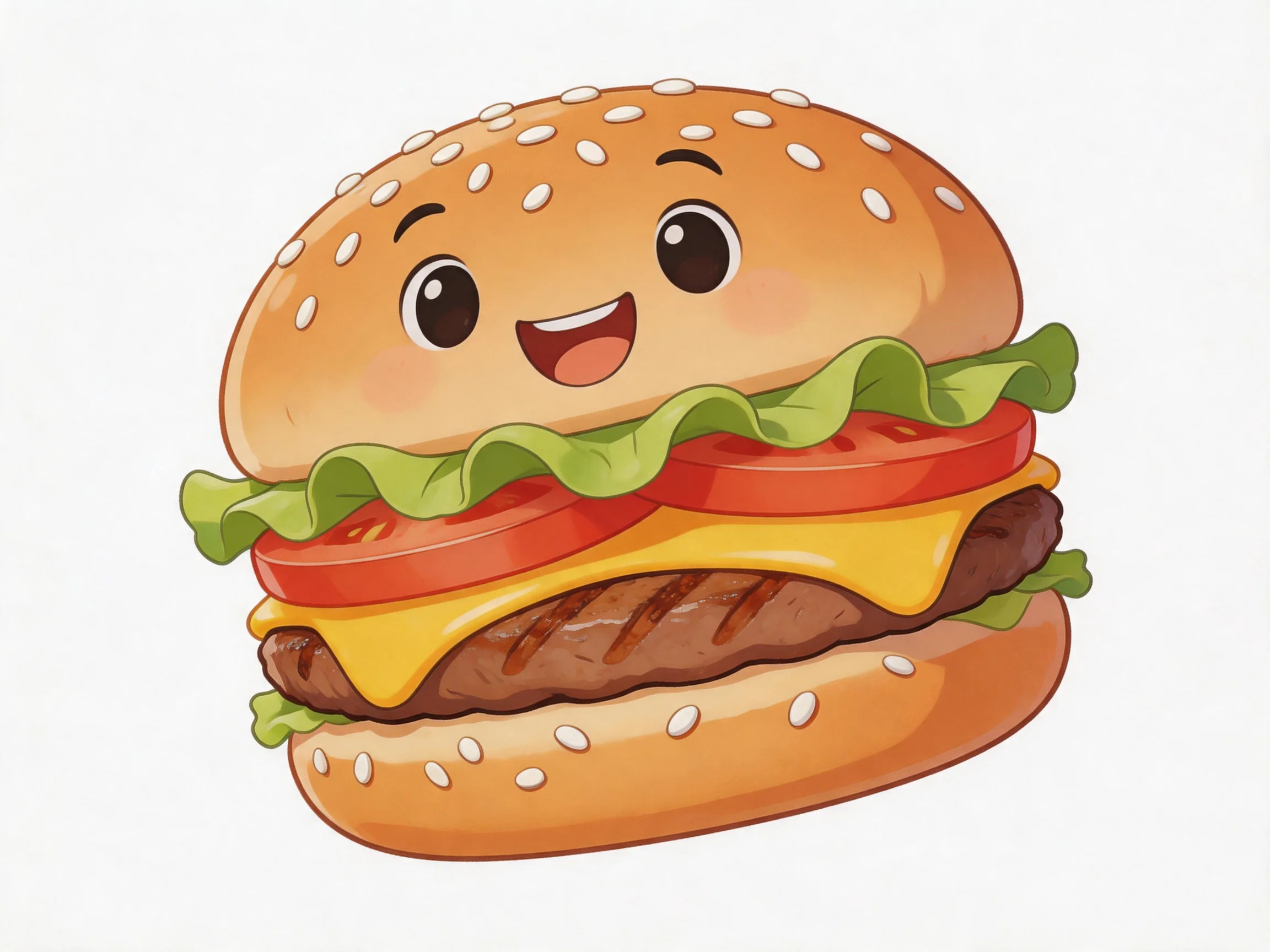 A cheerful cartoon hamburger with sesame seeds, lettuce, tomato, and grilled beef
