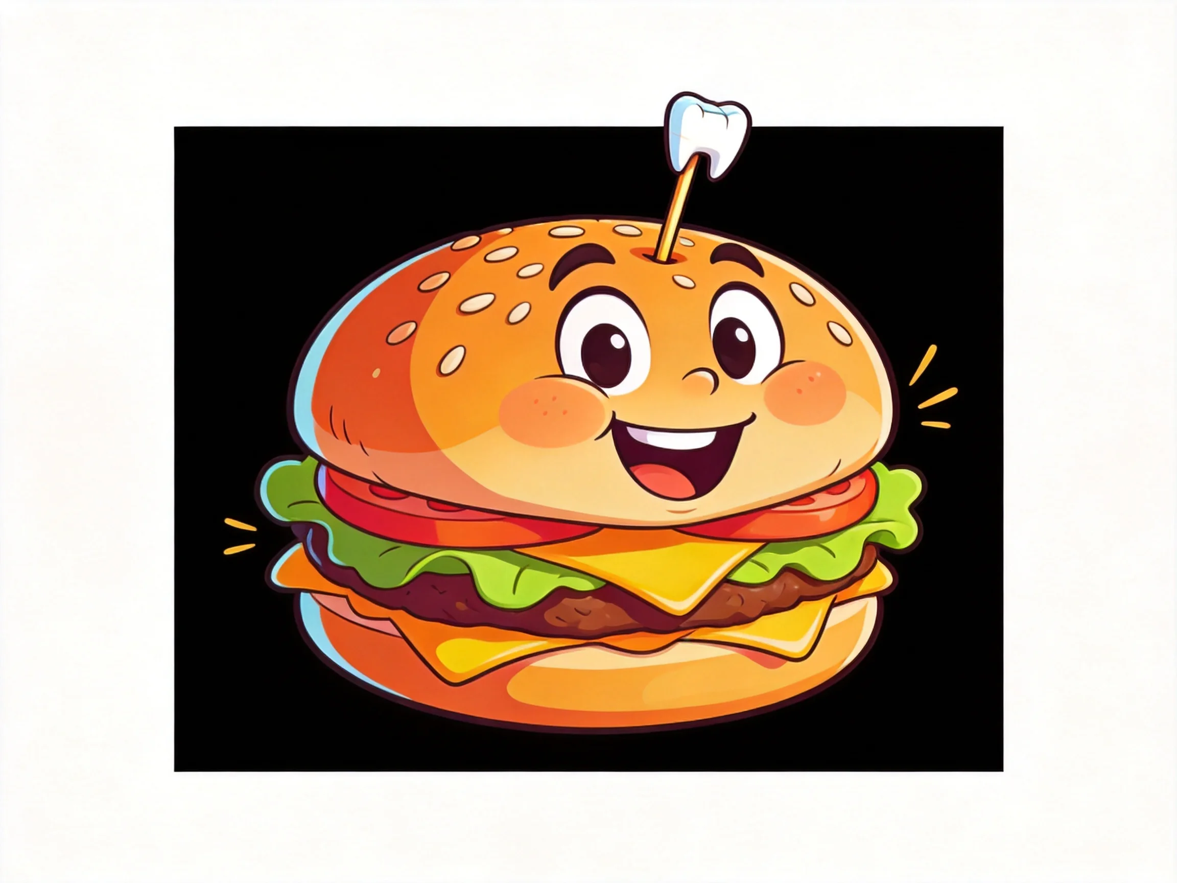 A cheerful cartoon hamburger with vibrant layers and a toothpick