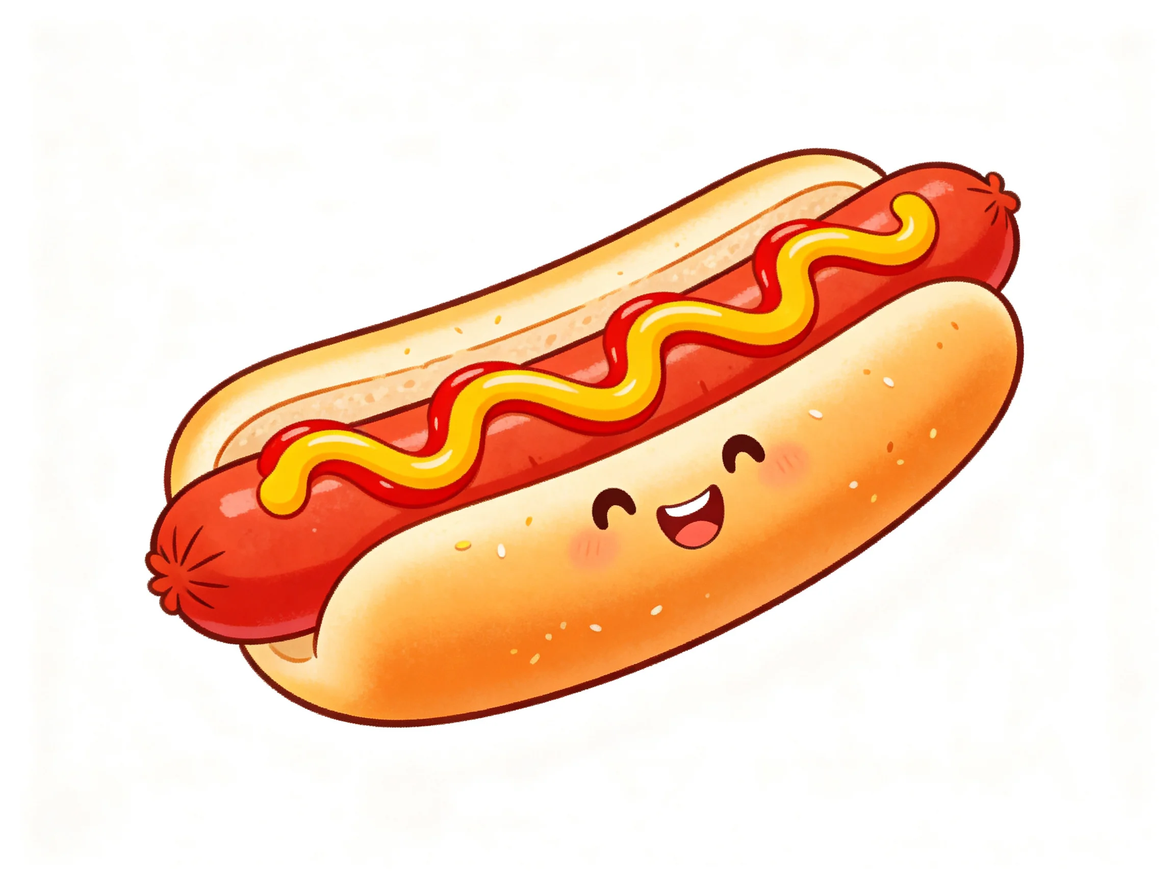 A cheerful cartoon hot dog with mustard, ketchup, and a smiling bun