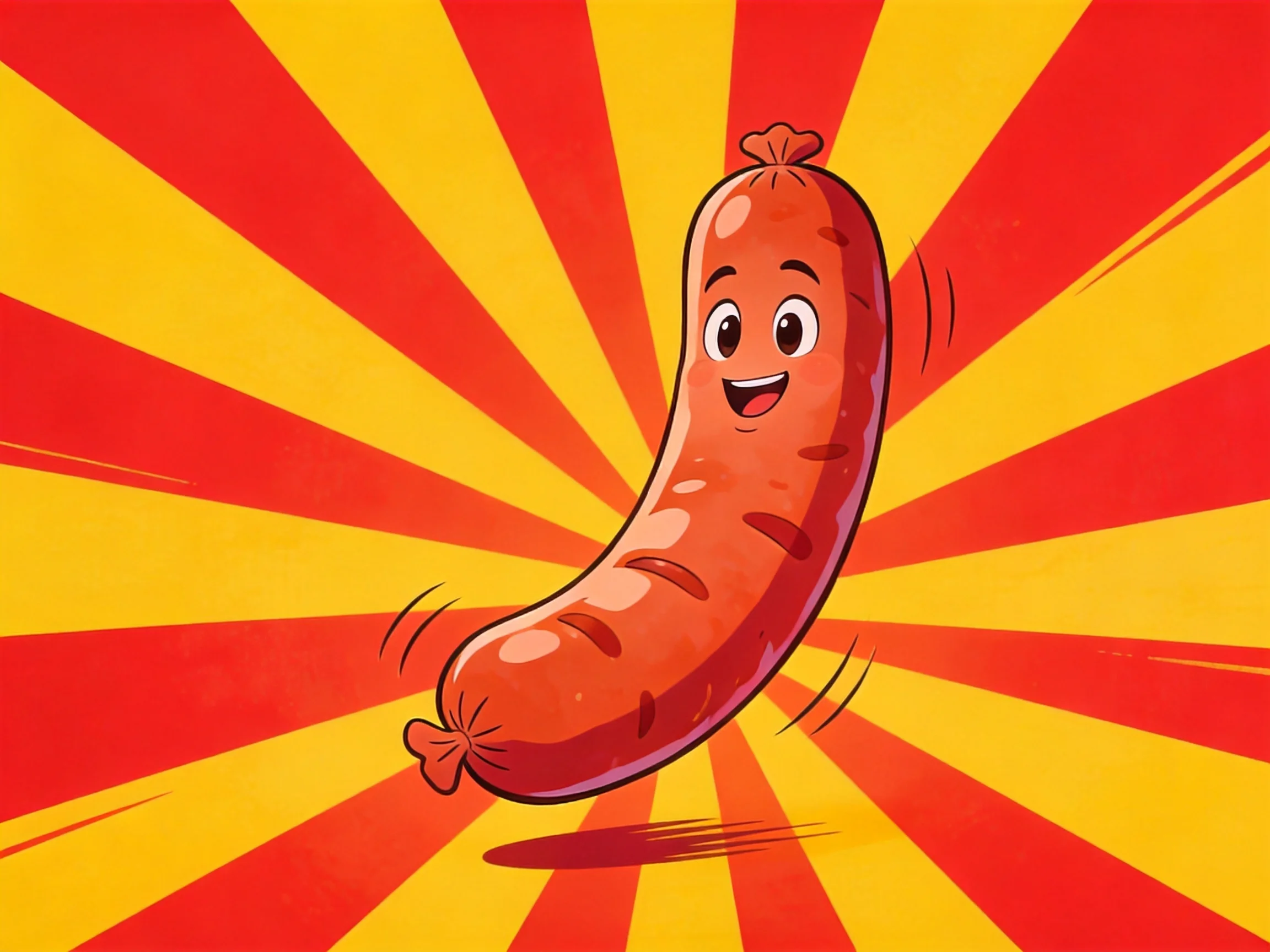 A cheerful cartoon sausage leaping against vibrant red and yellow radial stripes