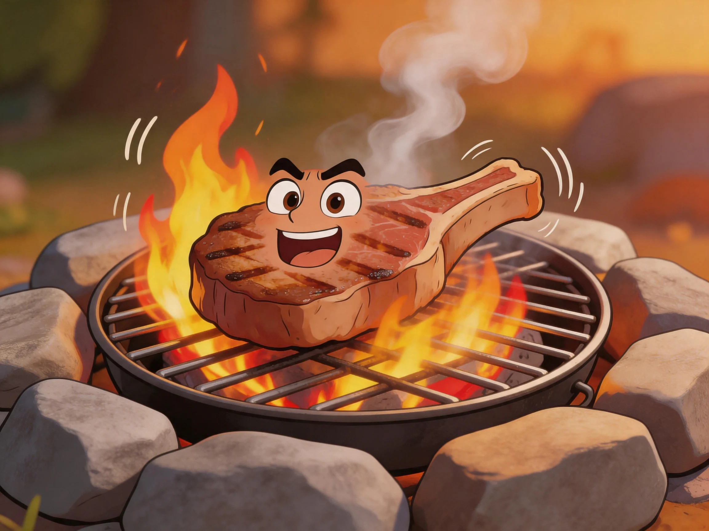 A cheerful cartoon steak grills over bright flames on a stone-built grill