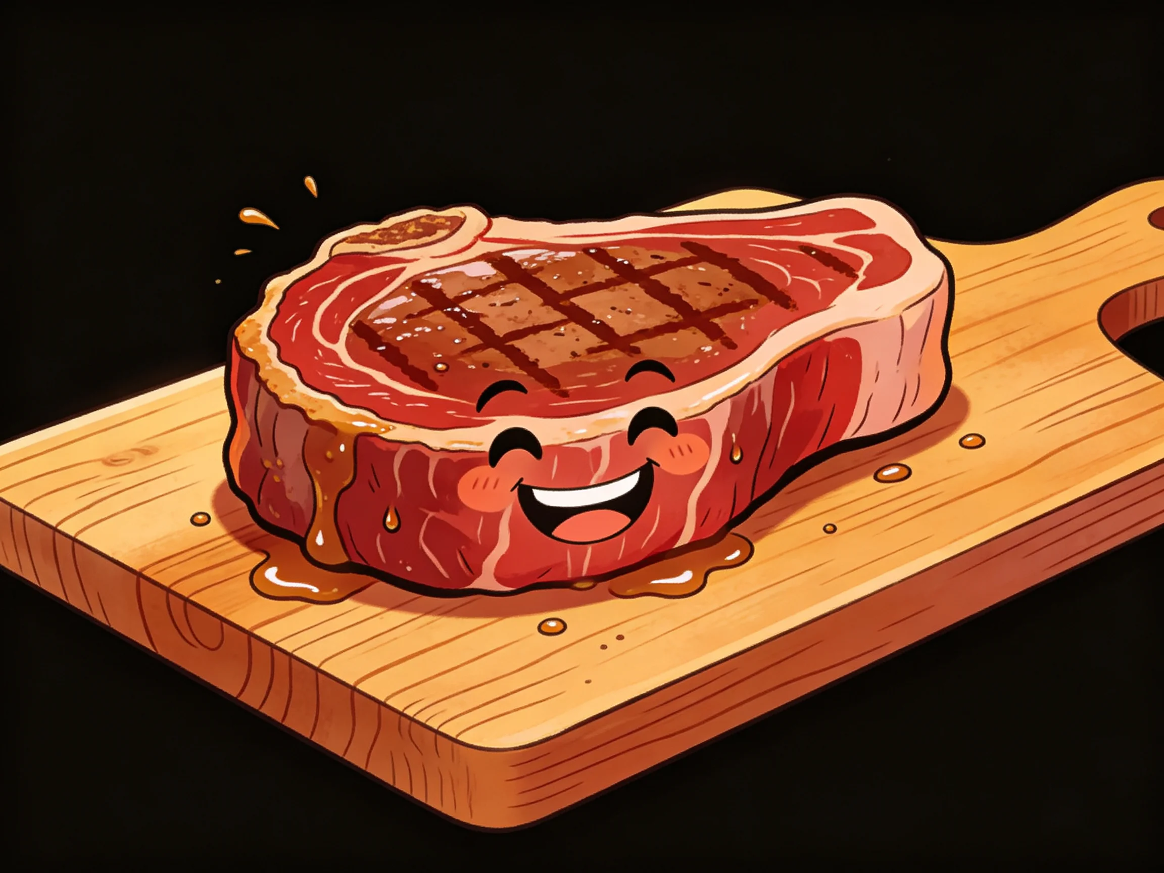 A cheerful cartoon steak with grill marks on a wooden cutting board