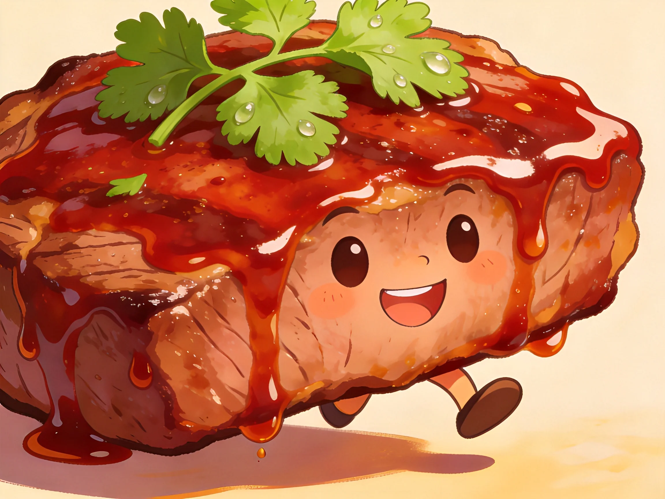 A cheerful cartoon steak with red sauce and cilantro garnish