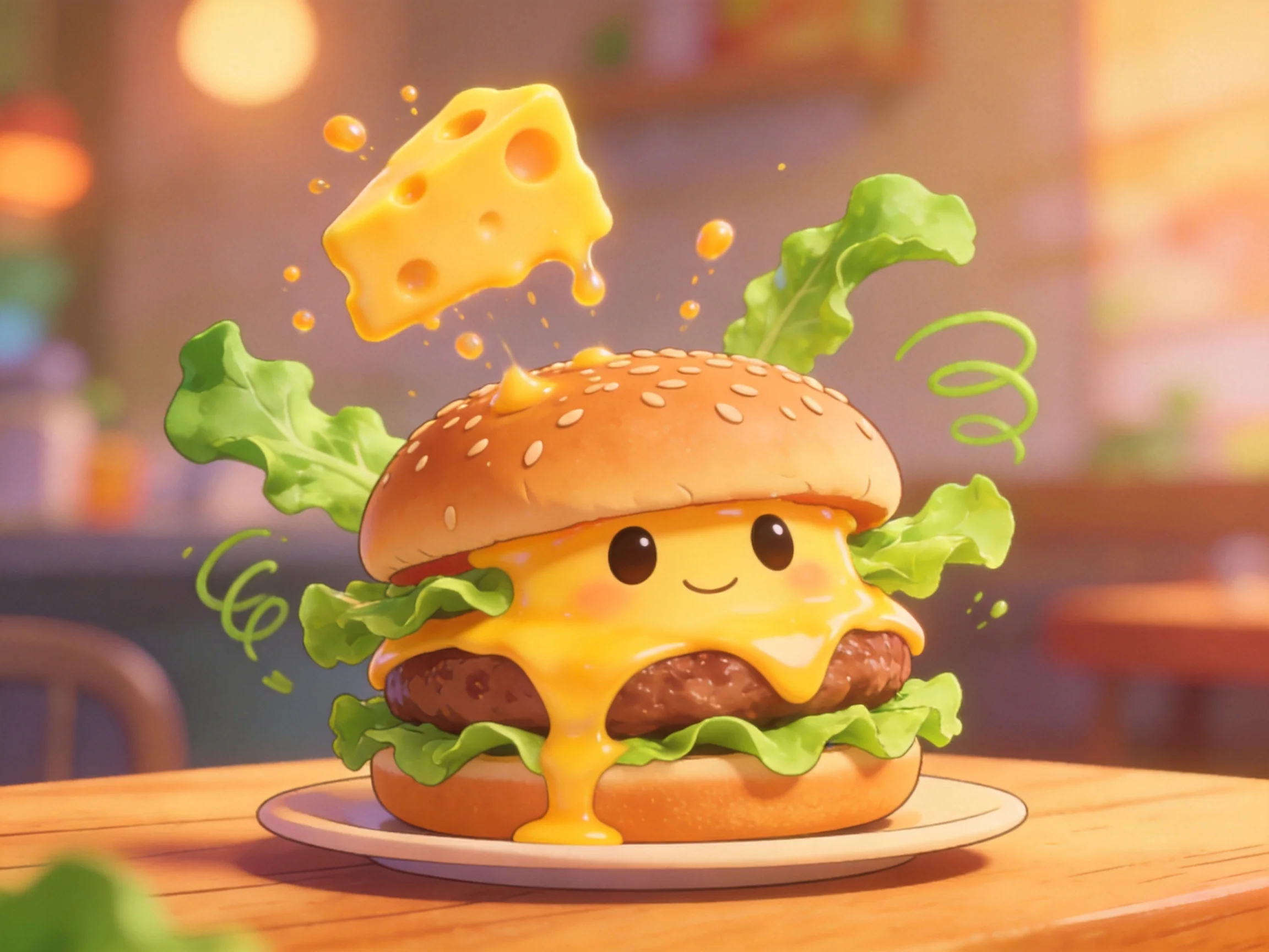 A cheerful cheeseburger with melted cheese and fresh lettuce