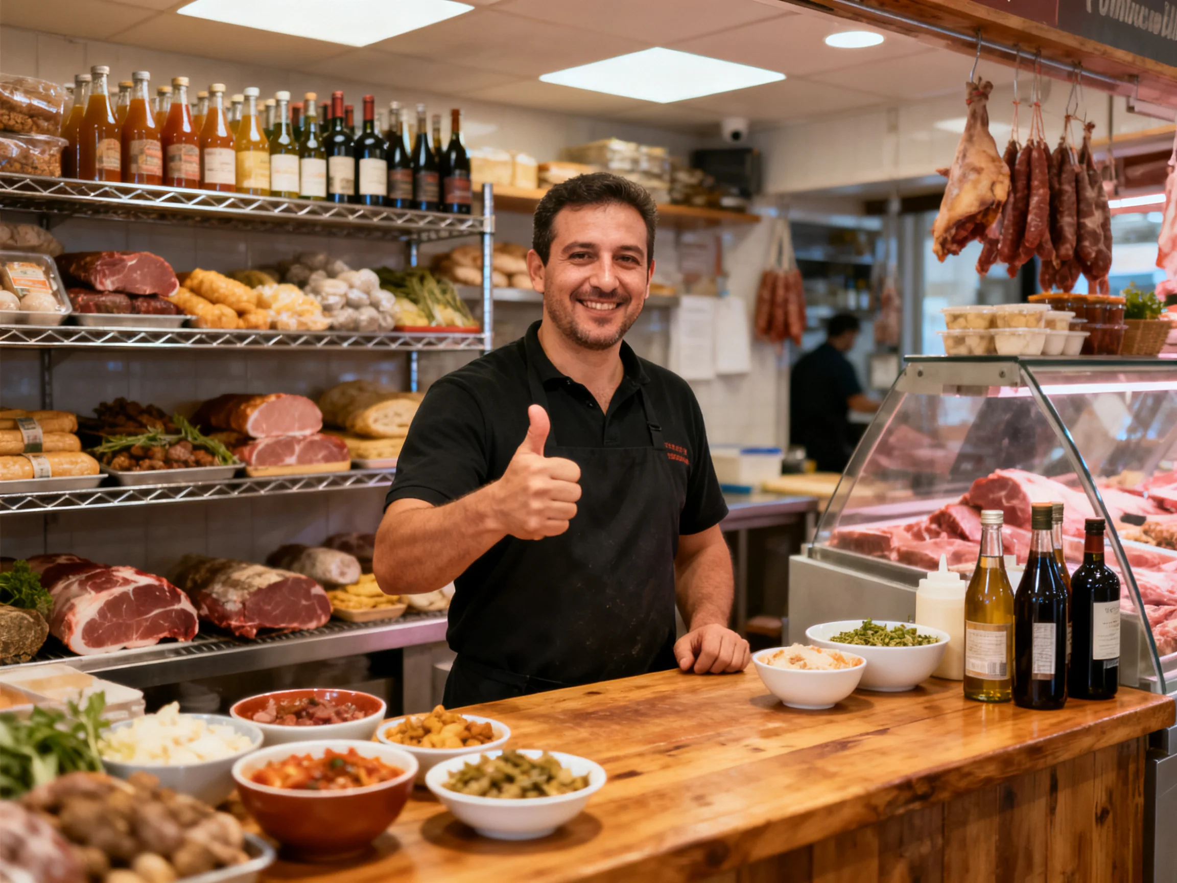 A cheerful chef gives a thumbs-up amid assorted cured meats, cheeses, and bottles