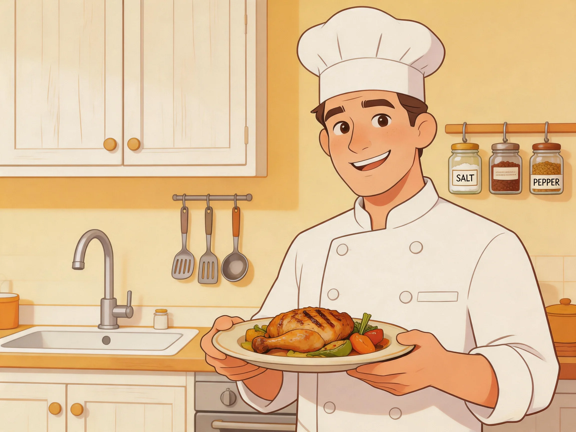 A cheerful chef presenting grilled chicken in a cozy kitchen