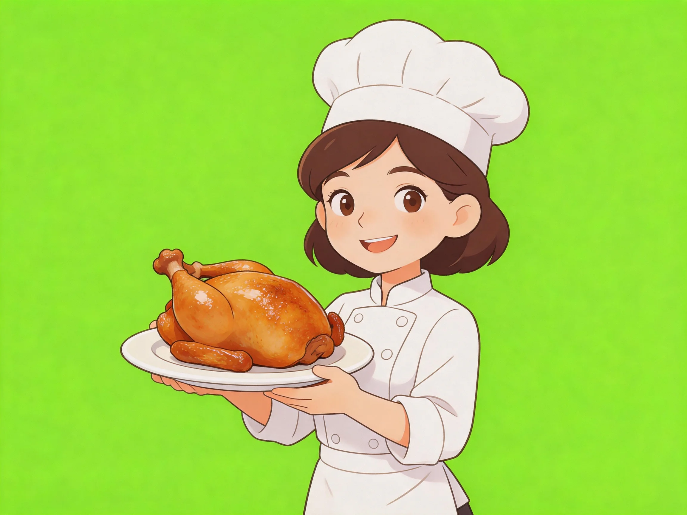 A cheerful chef presents a golden-brown roasted chicken against bright green