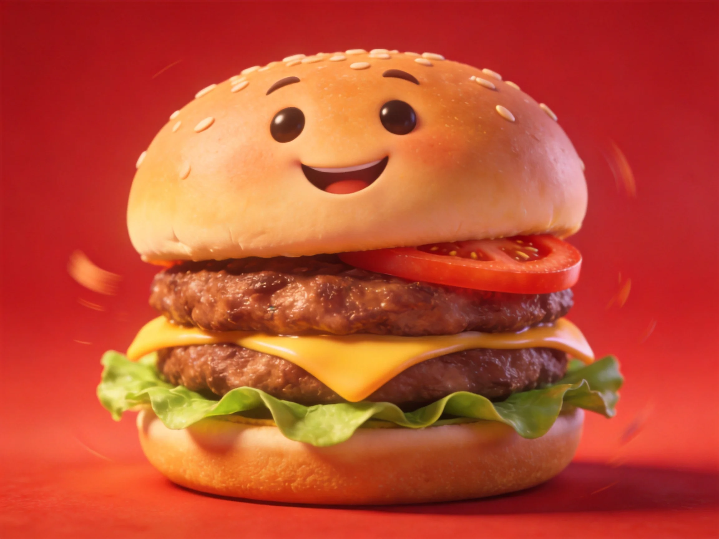 A cheerful double cheeseburger with sesame bun and fresh veggies