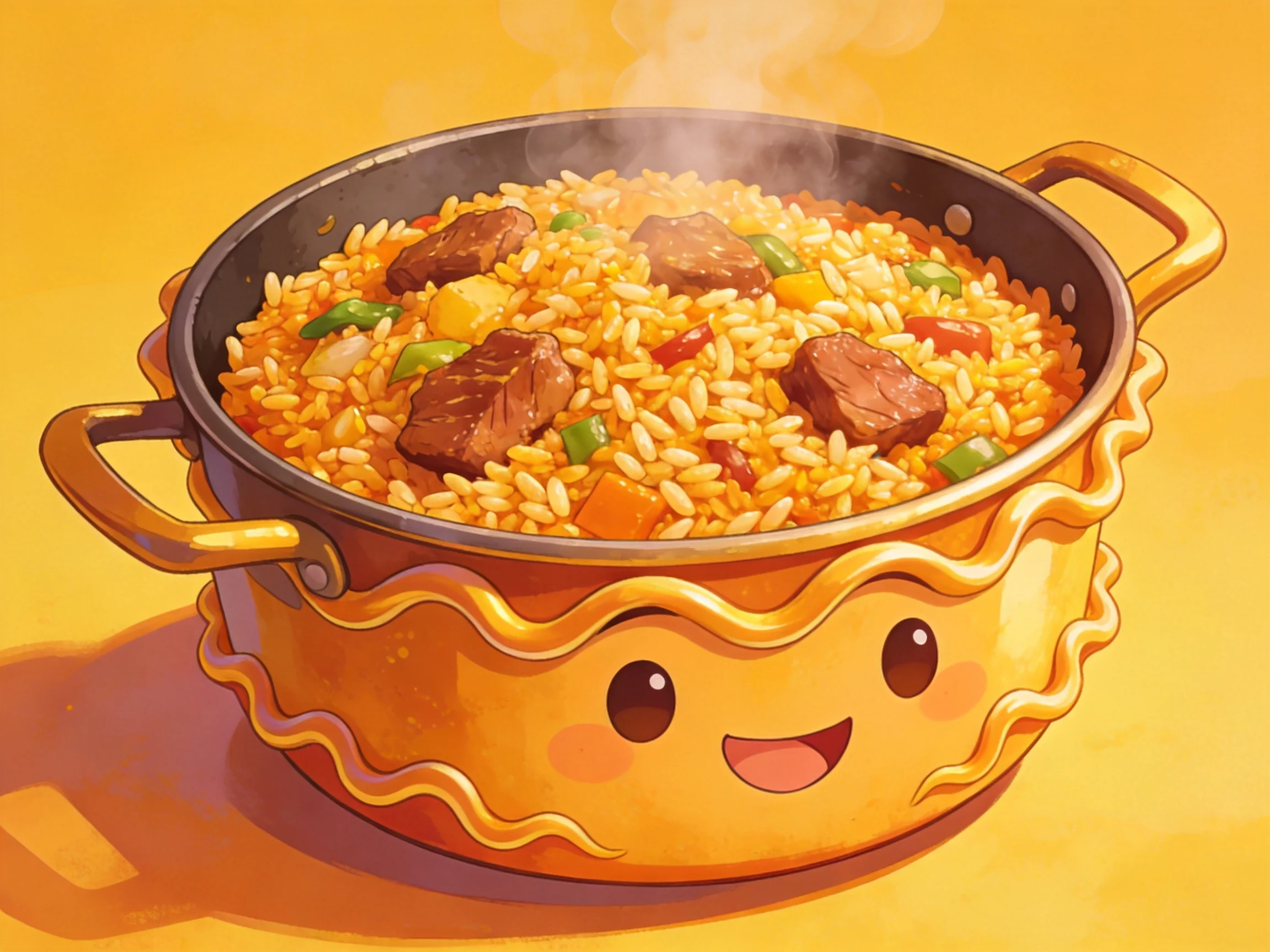 A cheerful pot brimming with rice, meat, and mixed vegetables
