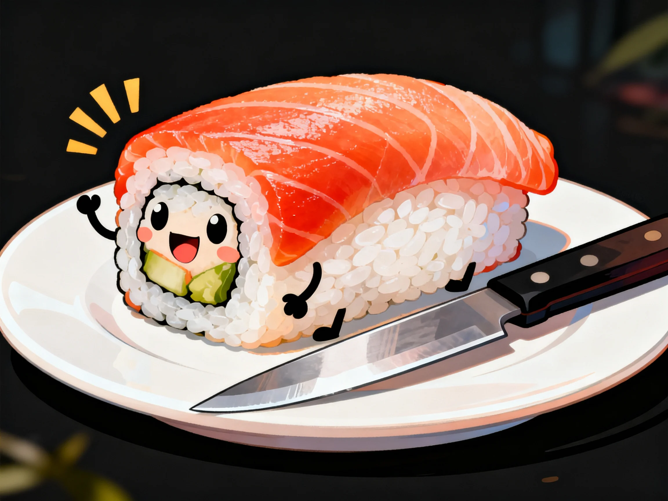 A cheerful salmon-topped sushi roll with cartoon features on a plate