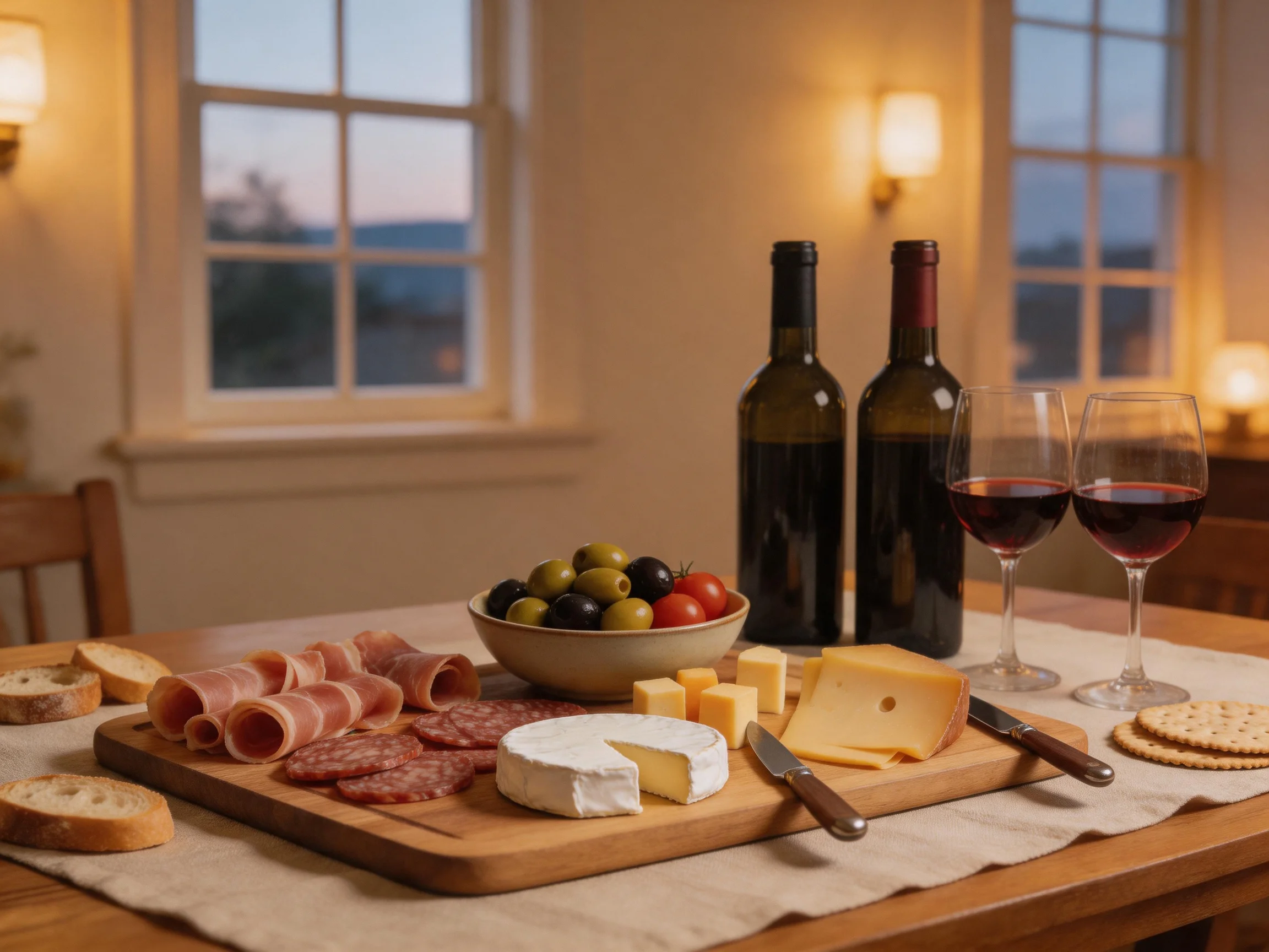 A cheese and charcuterie board with two wine bottles and glasses