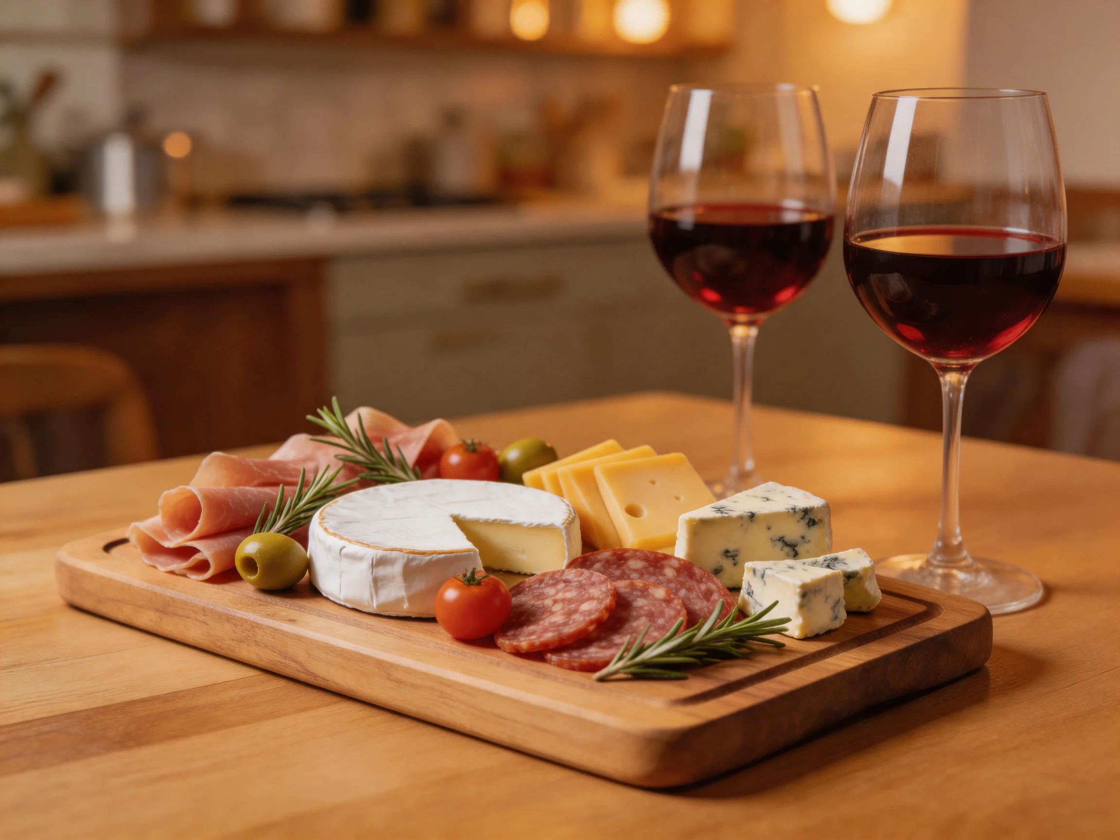 A cheese and charcuterie platter with two wine glasses on a wooden table