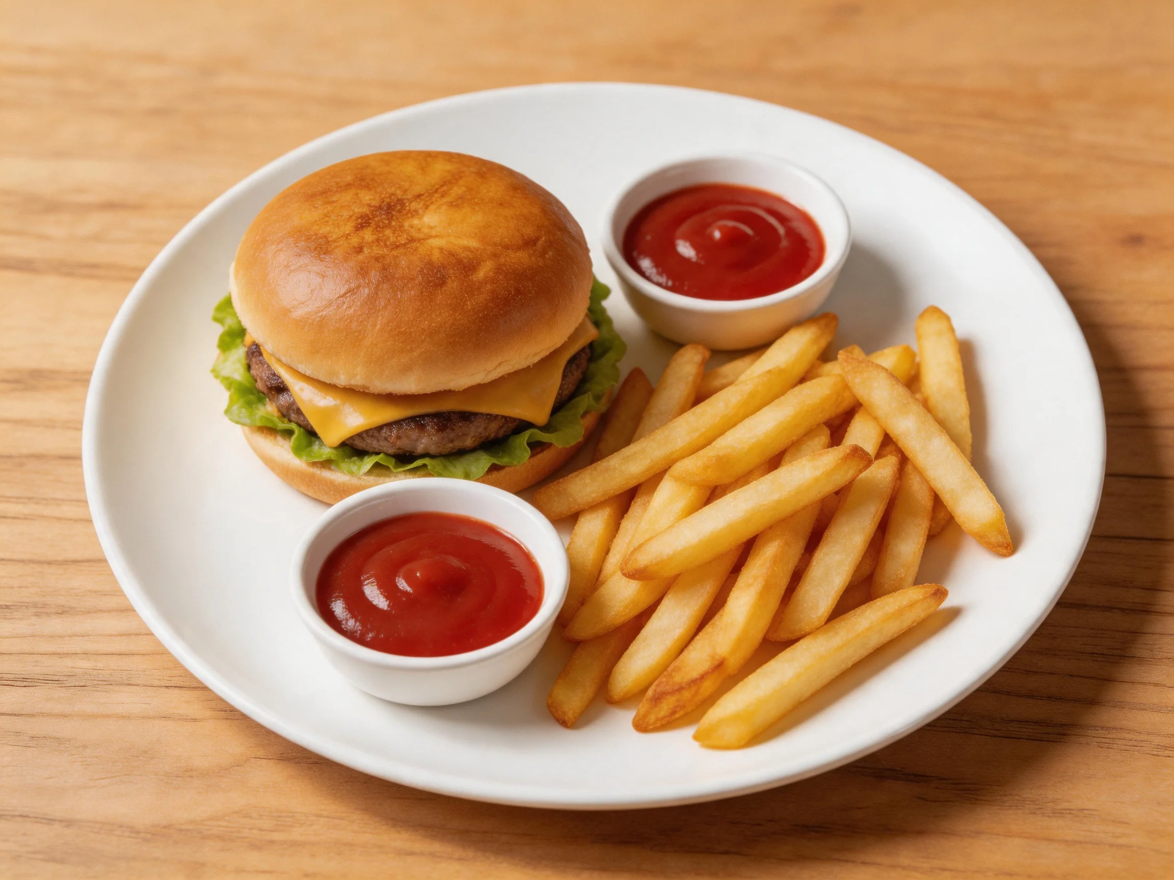 A cheeseburger, French fries, and two ketchup cups on a white plate