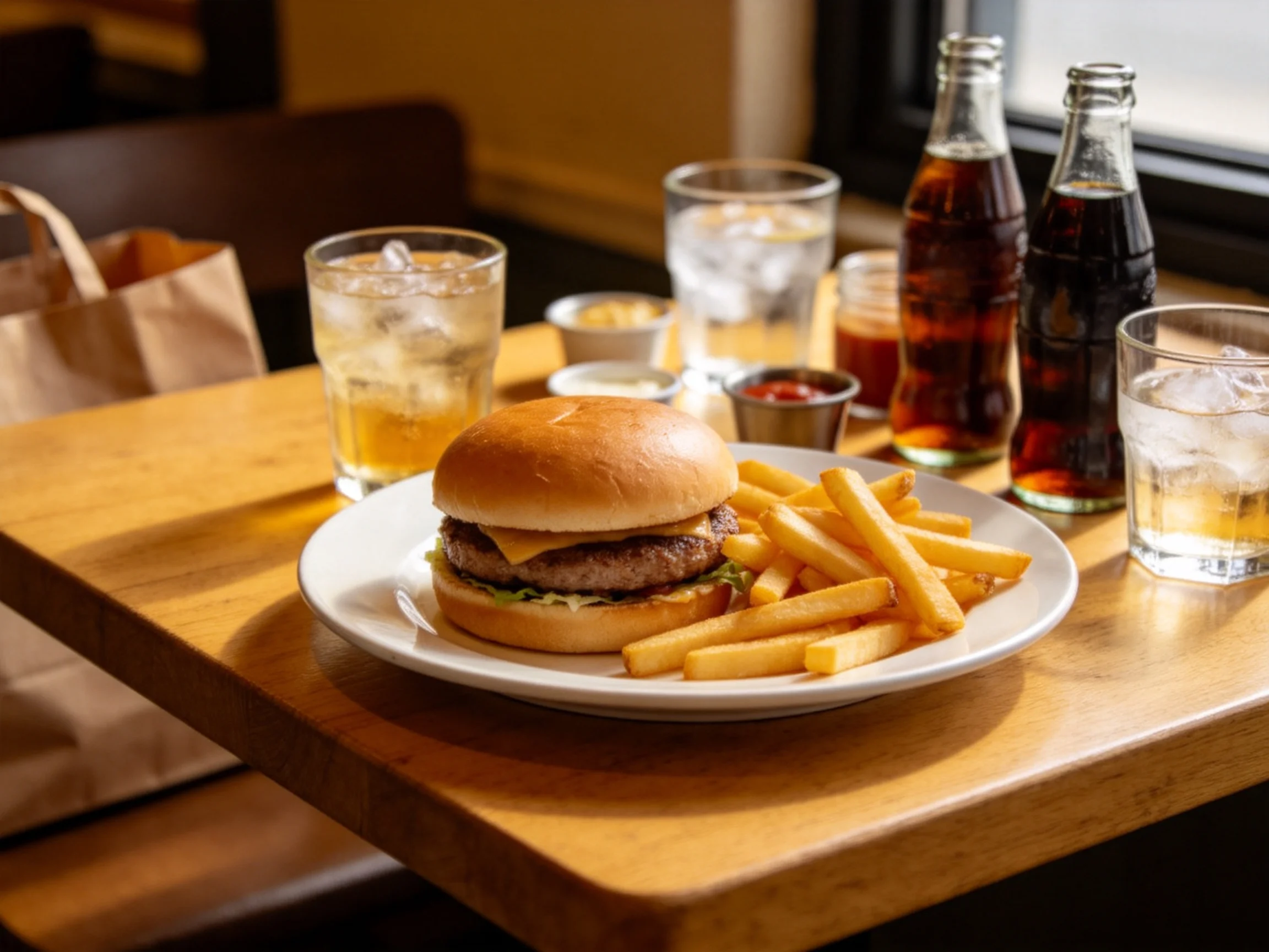 A cheeseburger and golden fries served with assorted beverages on a wooden table