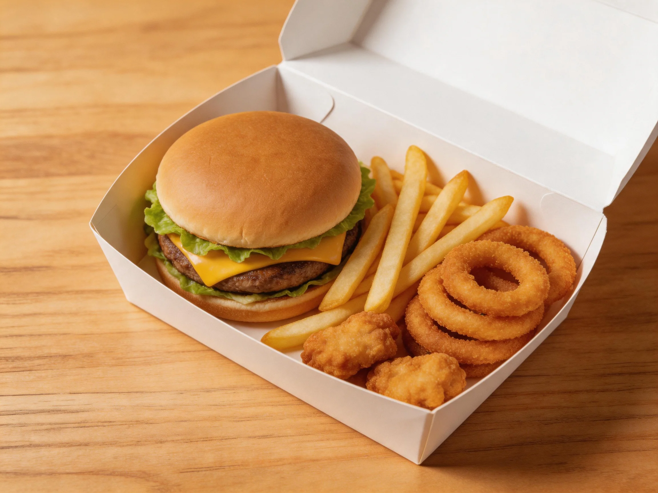 A cheeseburger, fries, onion rings, and chicken nuggets in a white takeout box