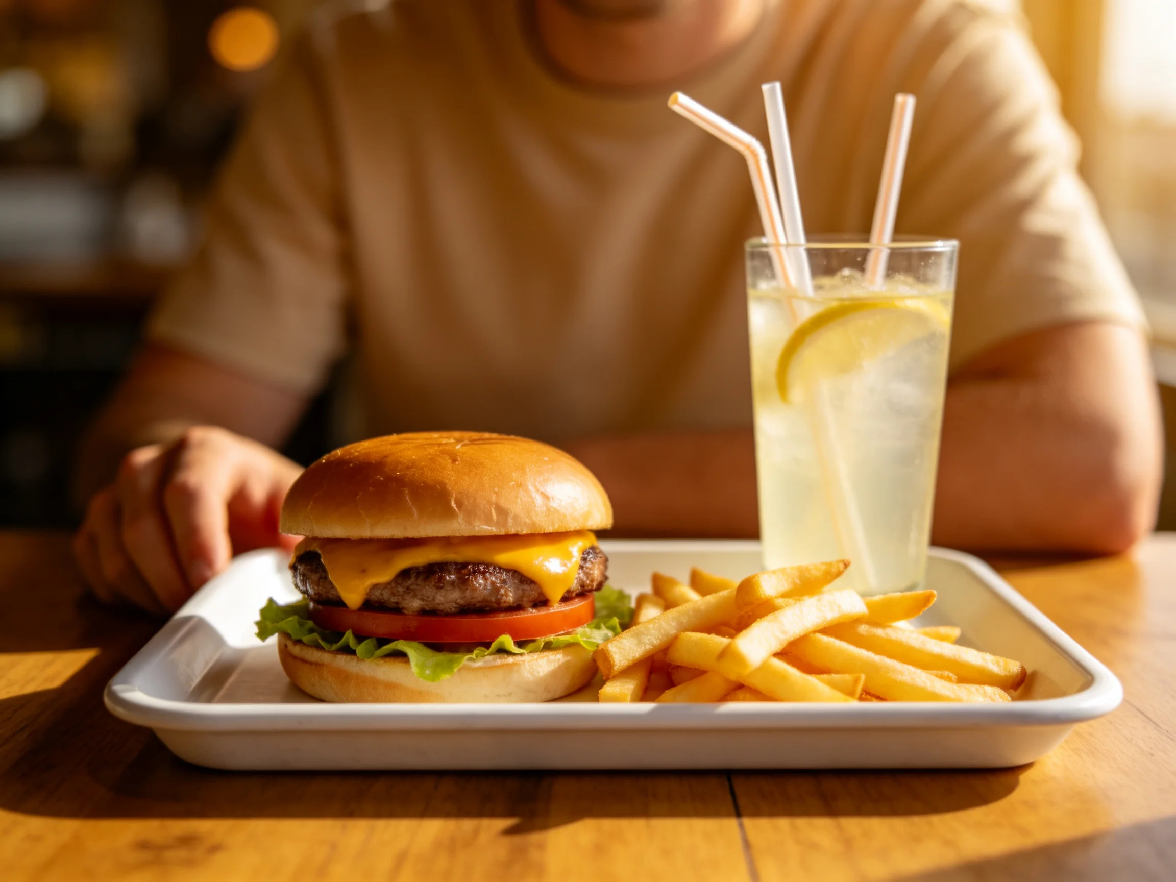 A cheeseburger, golden fries, and lemonade served on a white tray