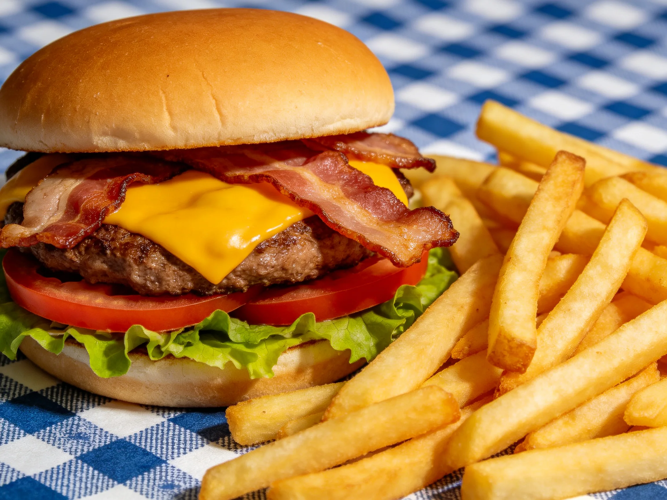 A cheeseburger with bacon, lettuce, tomato, and fries on a blue-and-white checkered cloth