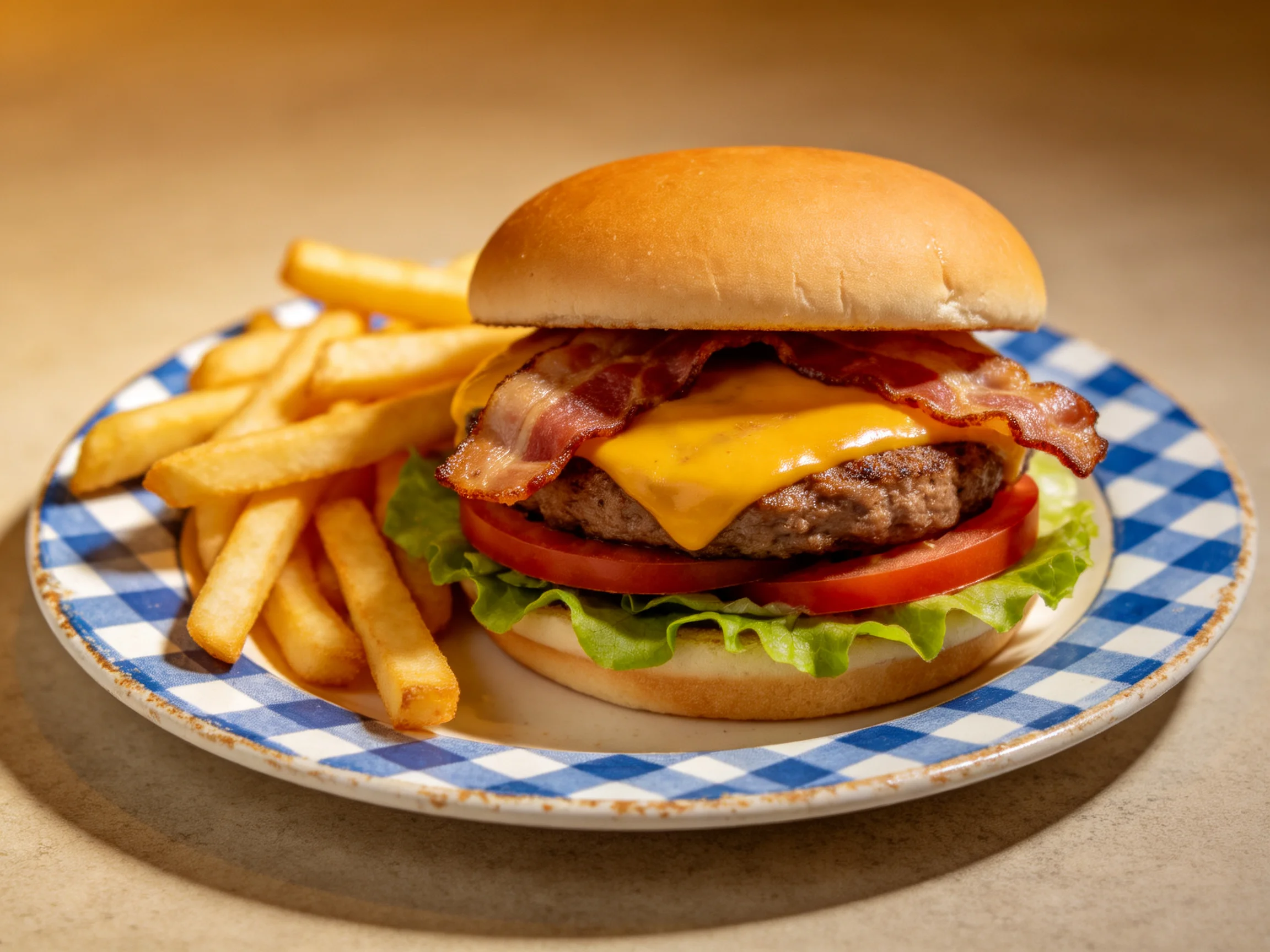 A cheeseburger with bacon, lettuce, tomato served with crispy French fries