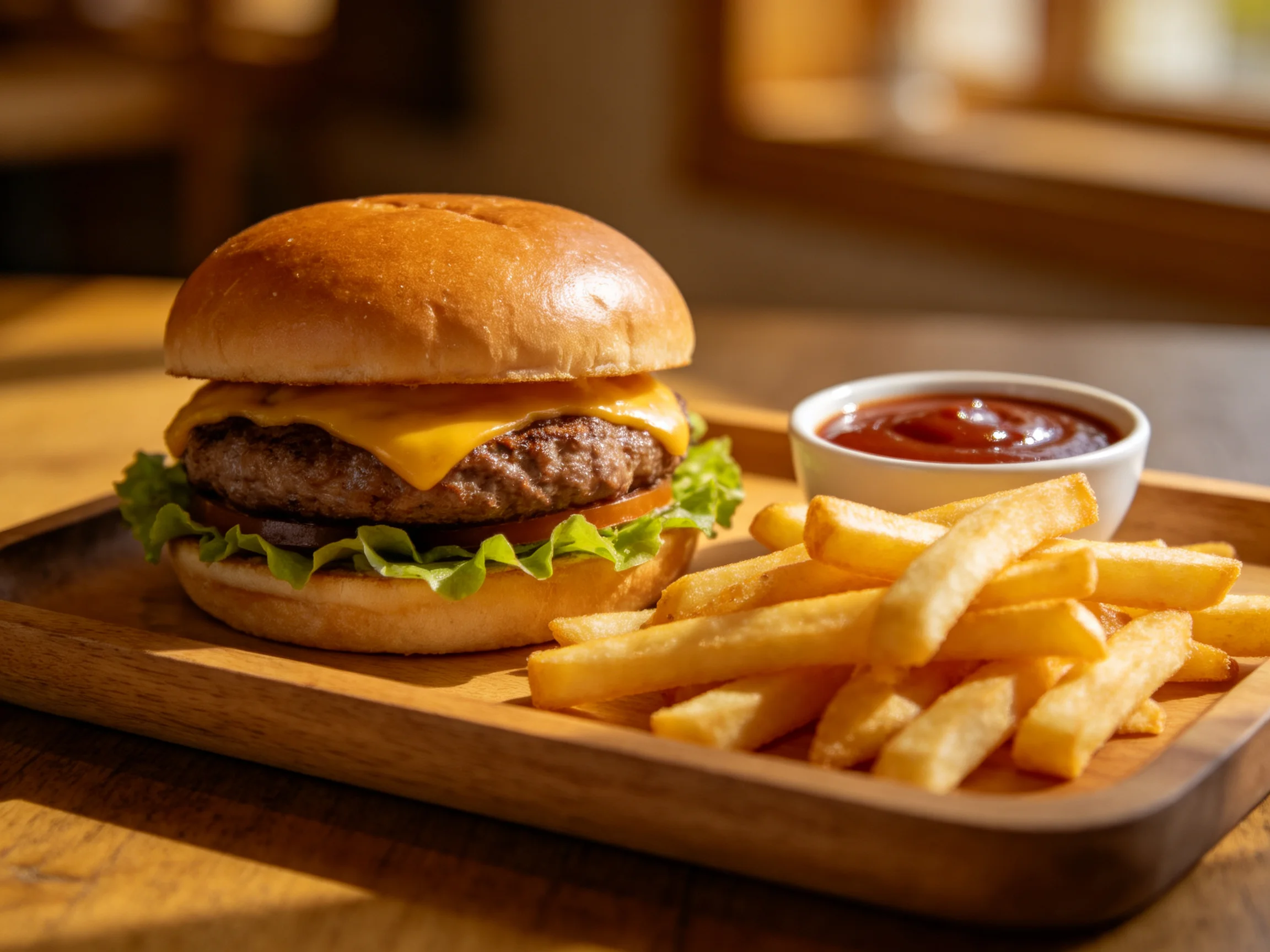 A cheeseburger with crispy fries and ketchup on a wooden tray