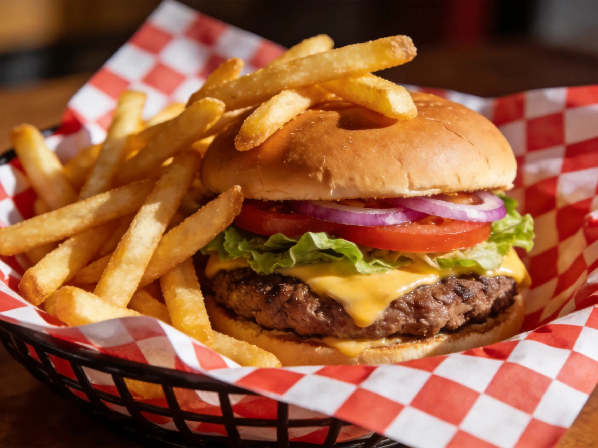 A cheeseburger with fresh veggies and crispy fries in a checkered basket