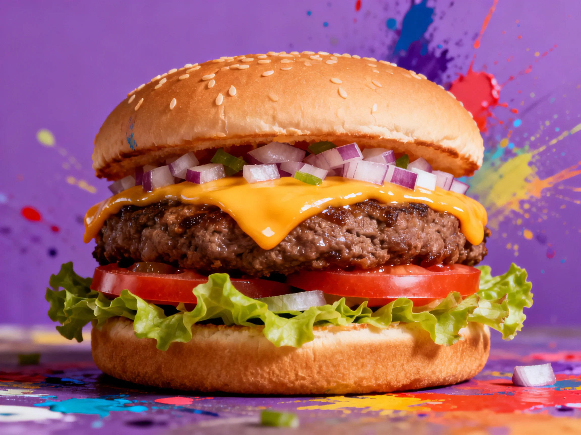 A cheeseburger with fresh veggies and melted cheese on a colorful paint-splattered backdrop