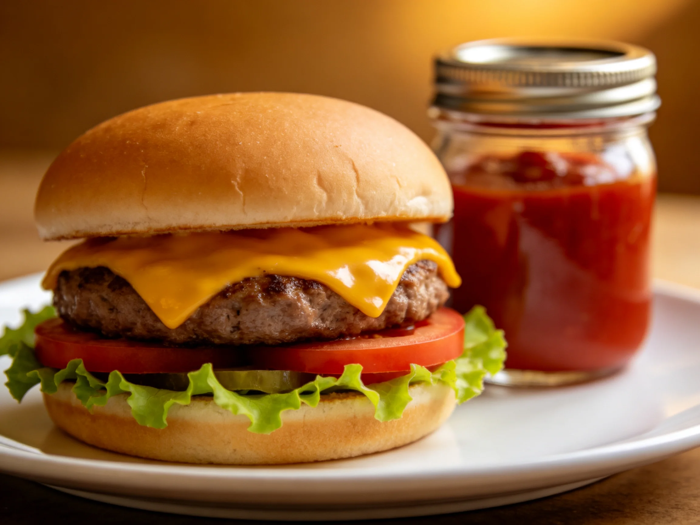 A cheeseburger with fresh veggies next to a glass jar of red sauce