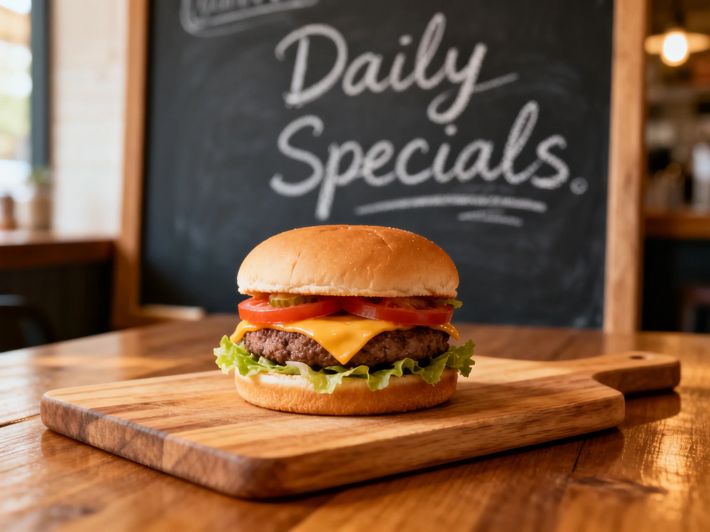 A cheeseburger with fresh veggies on a wooden board by a Daily Specials chalkboard