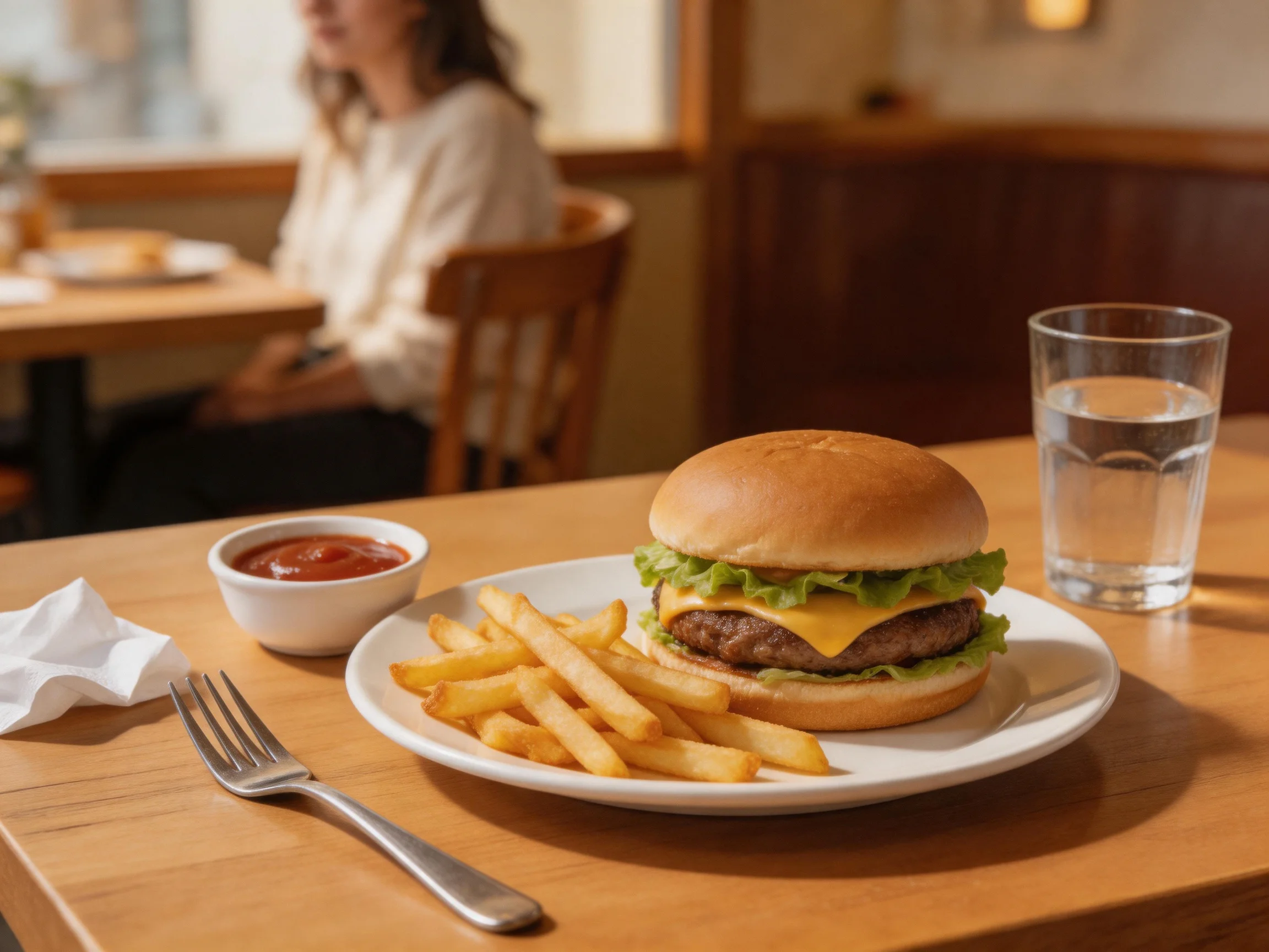 A cheeseburger with fries and ketchup served in a cozy diner