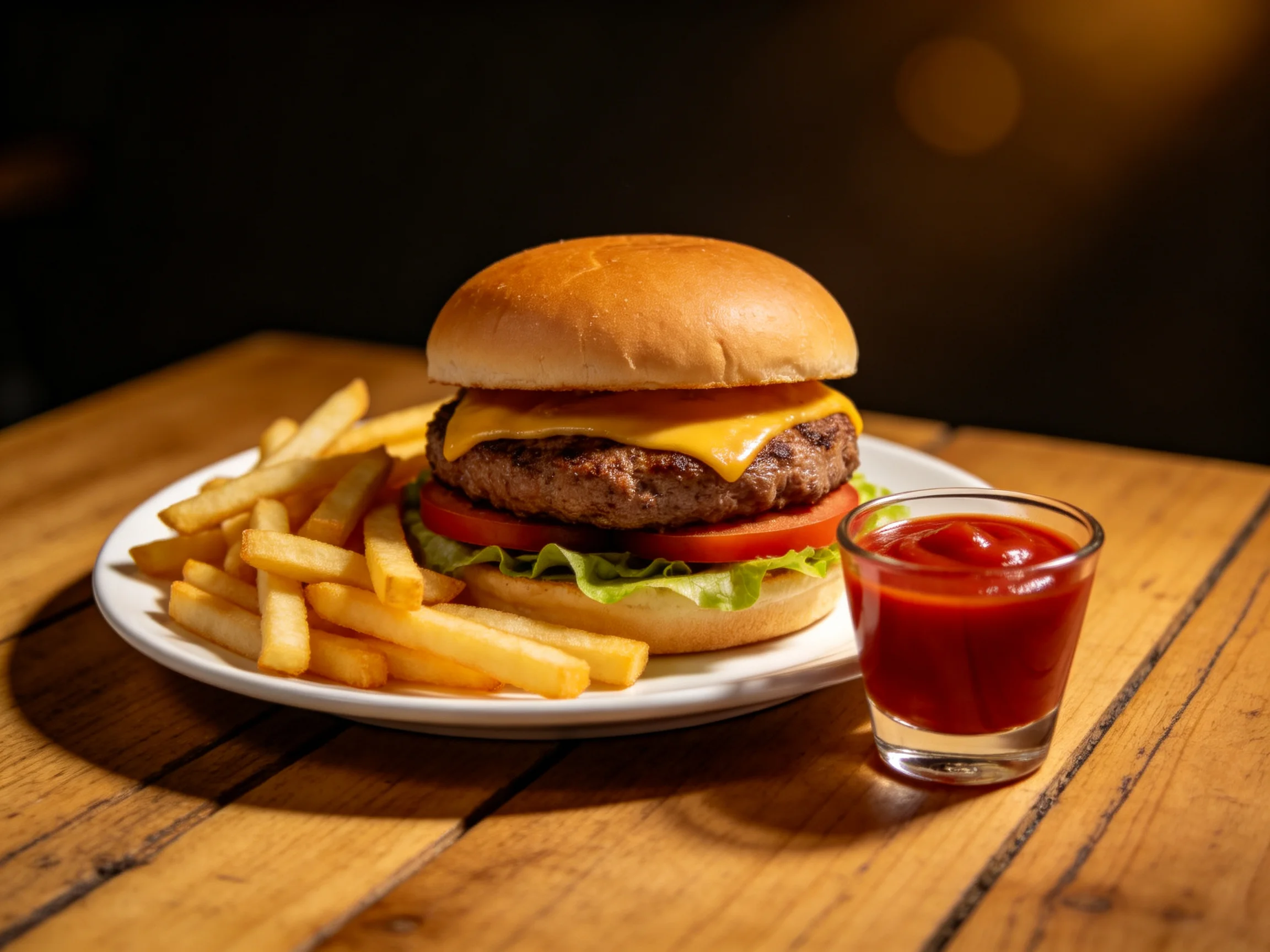 A cheeseburger with golden fries and red ketchup on a wooden table