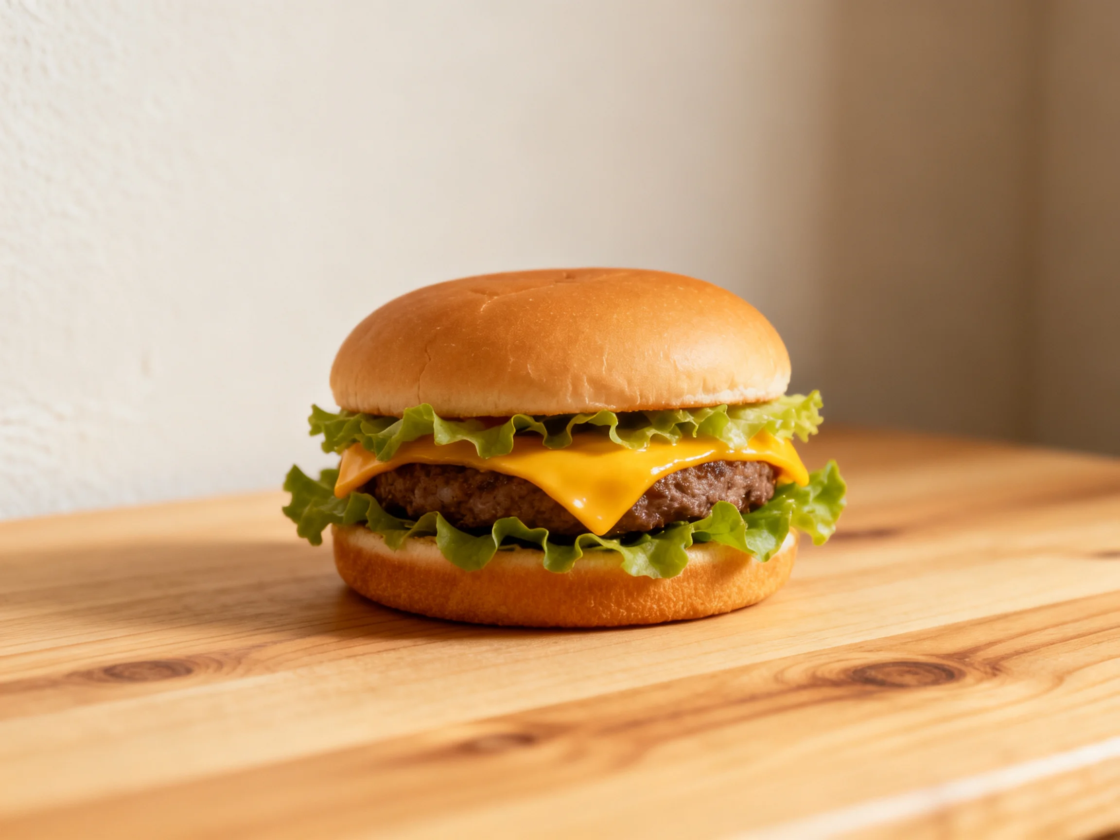 A cheeseburger with lettuce and melted cheddar on a wooden table