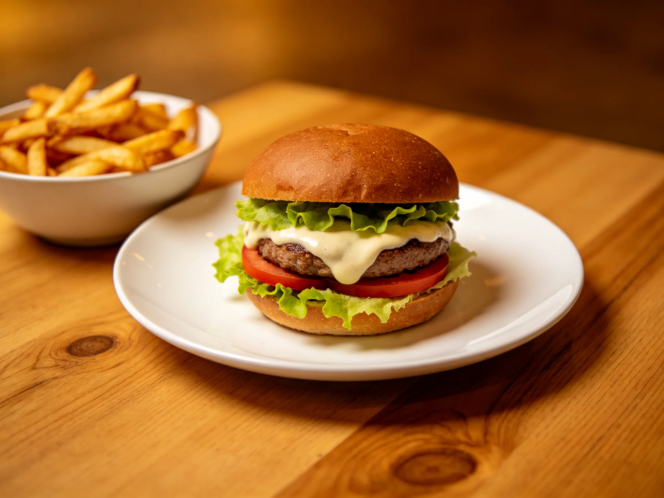 A cheeseburger with lettuce and tomato beside a bowl of golden fries