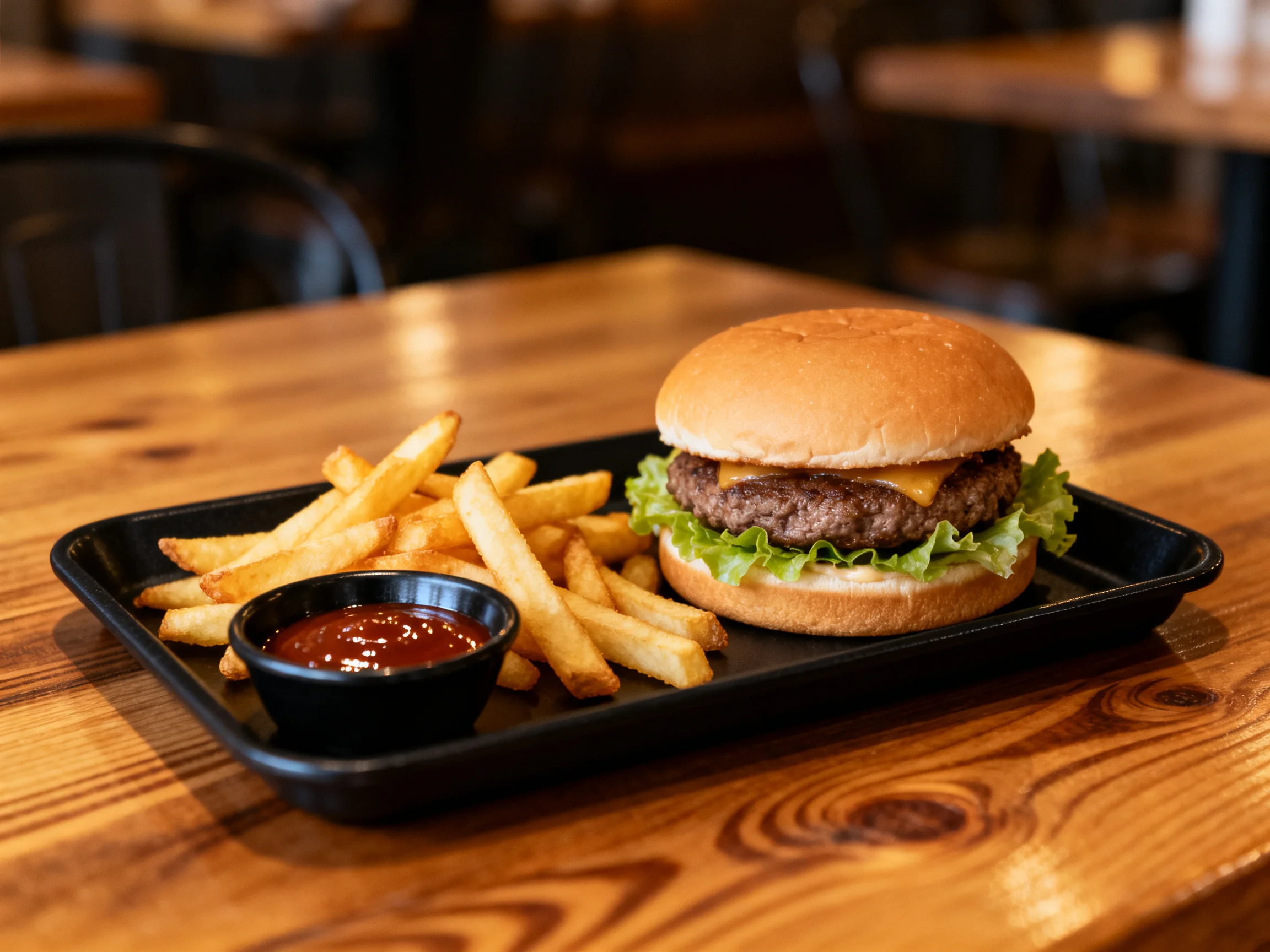 A cheeseburger with lettuce, golden fries, and ketchup on a black tray