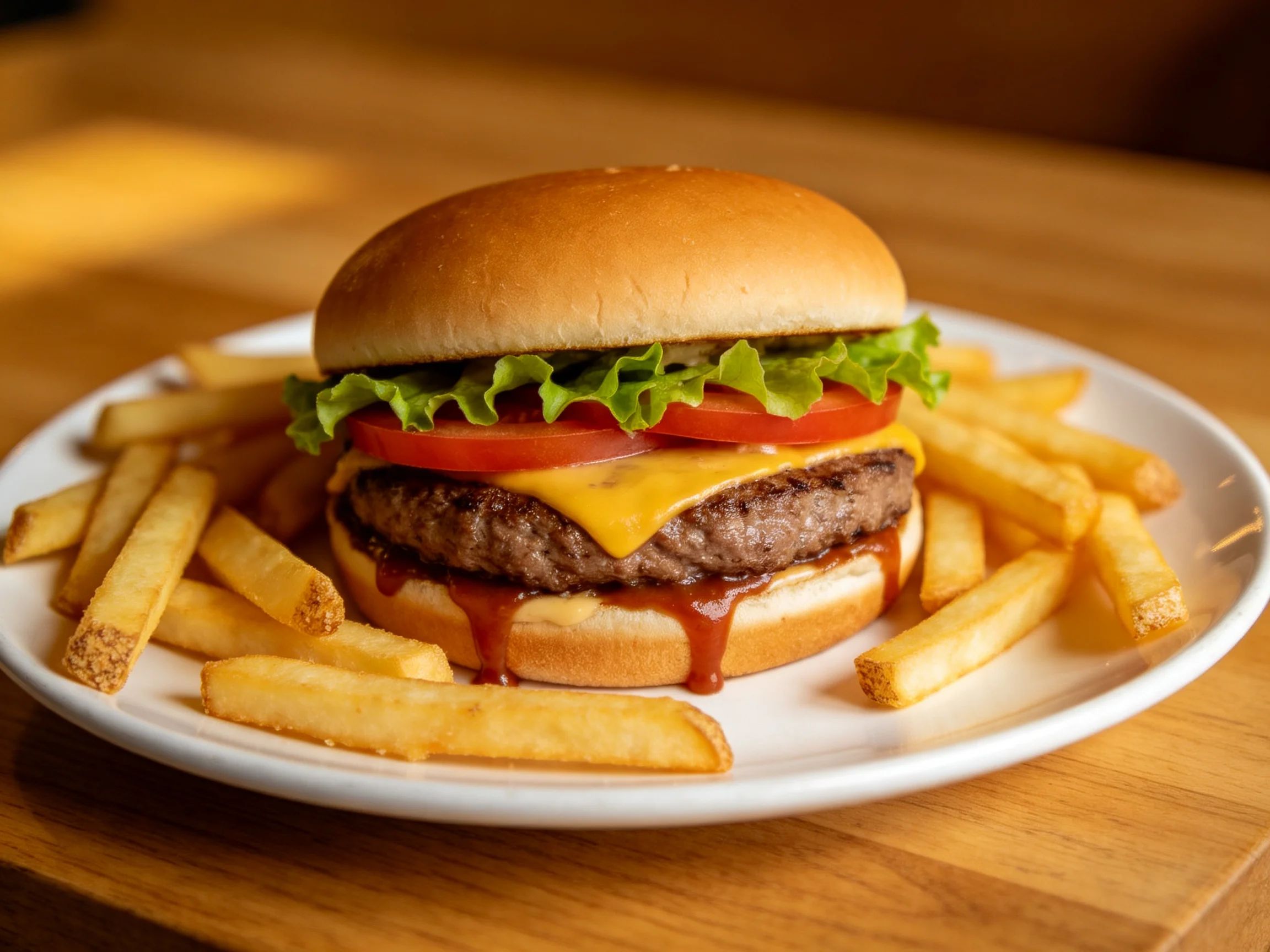 A cheeseburger with lettuce, tomato, and French fries on a white plate