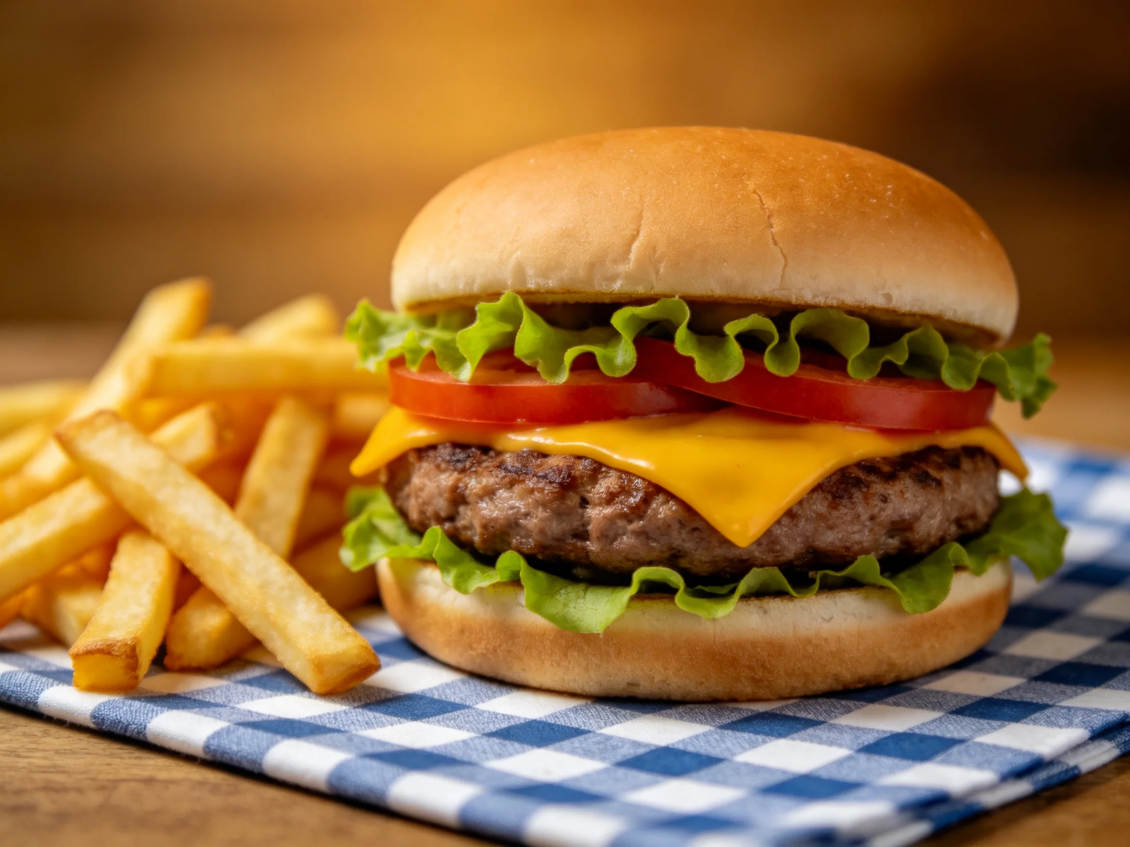 A cheeseburger with lettuce, tomato, and a side of golden French fries