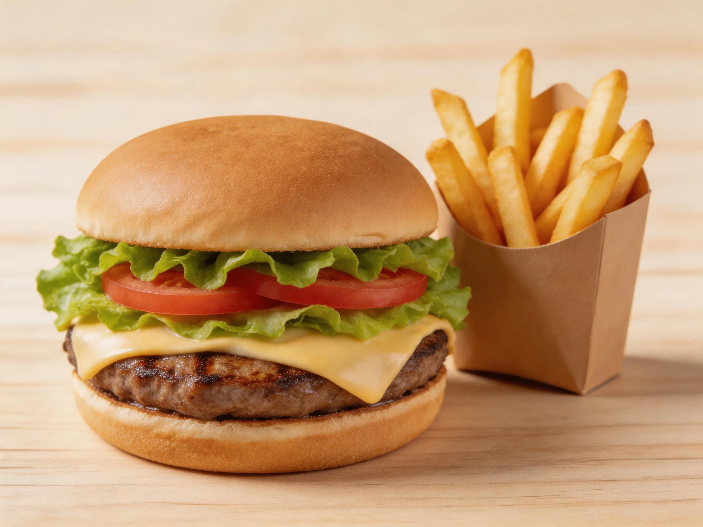 A cheeseburger with lettuce, tomato, and cheese alongside golden French fries