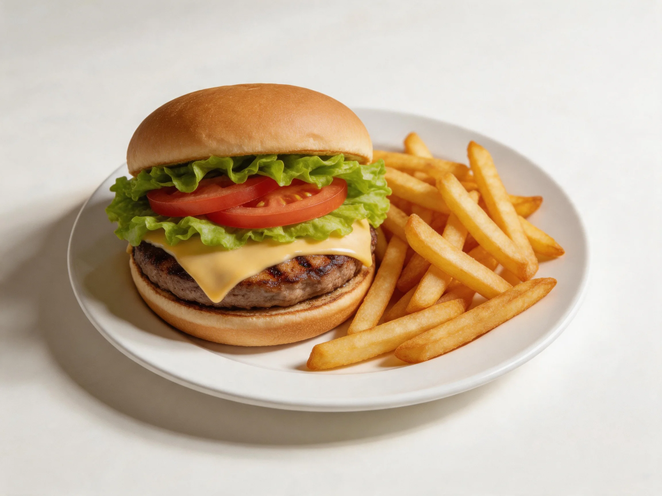 A cheeseburger with lettuce, tomato, and cheese beside golden French fries