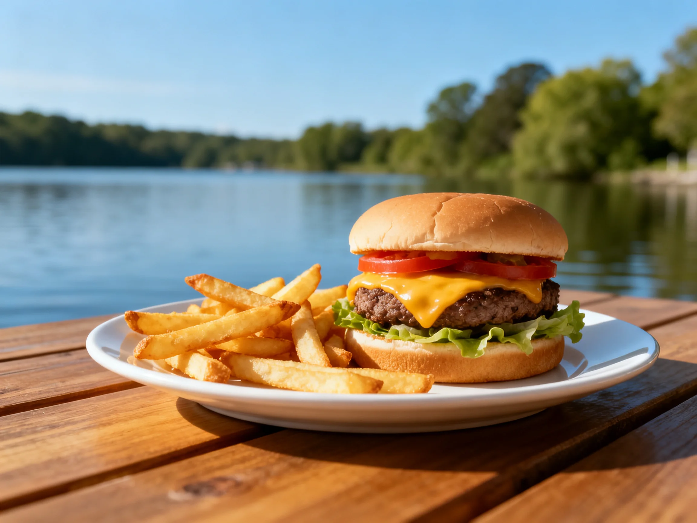 A cheeseburger with lettuce, tomato, and fries on a white plate near a serene lakeside