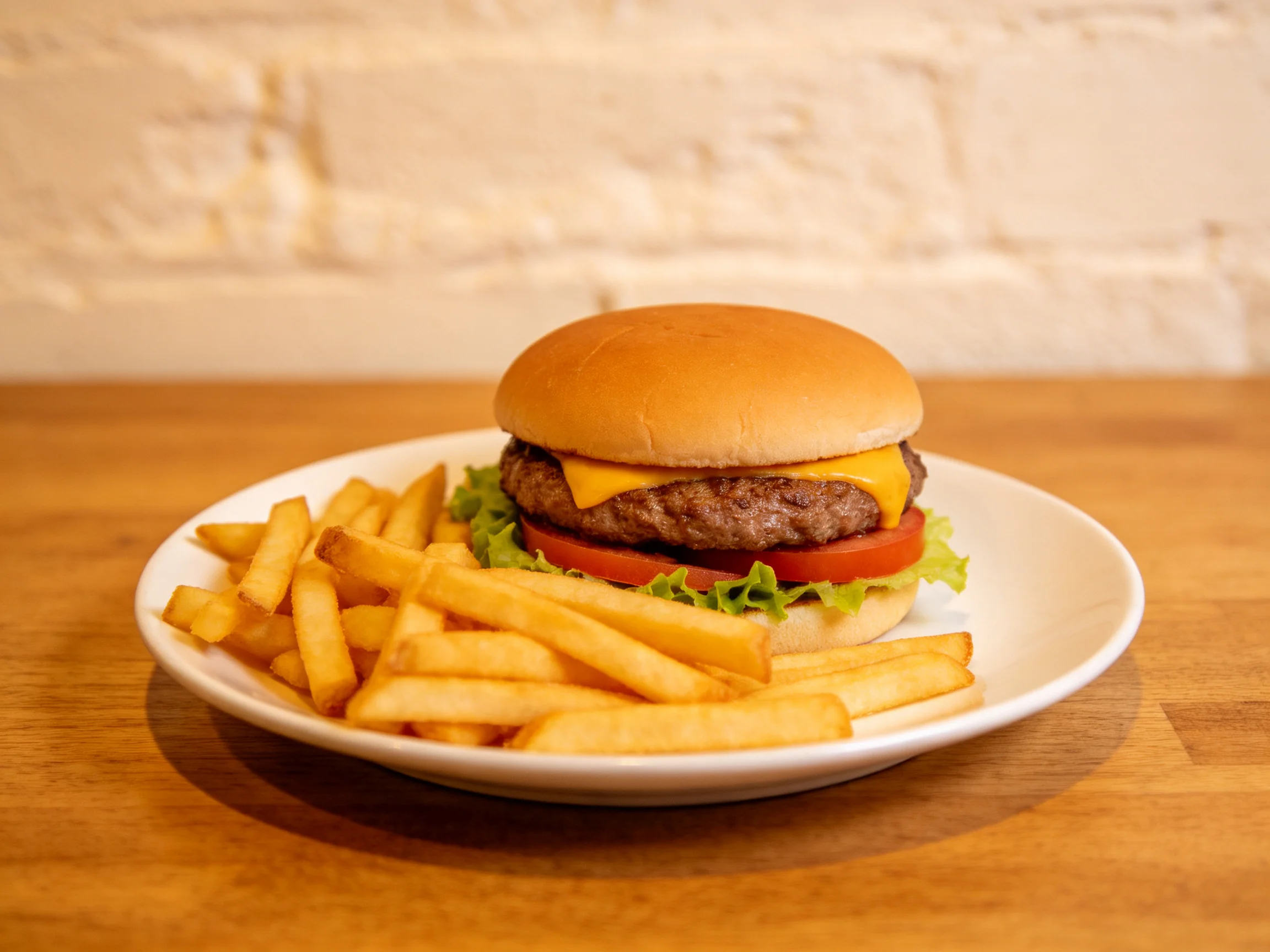 A cheeseburger with lettuce, tomato, and golden fries on a white plate